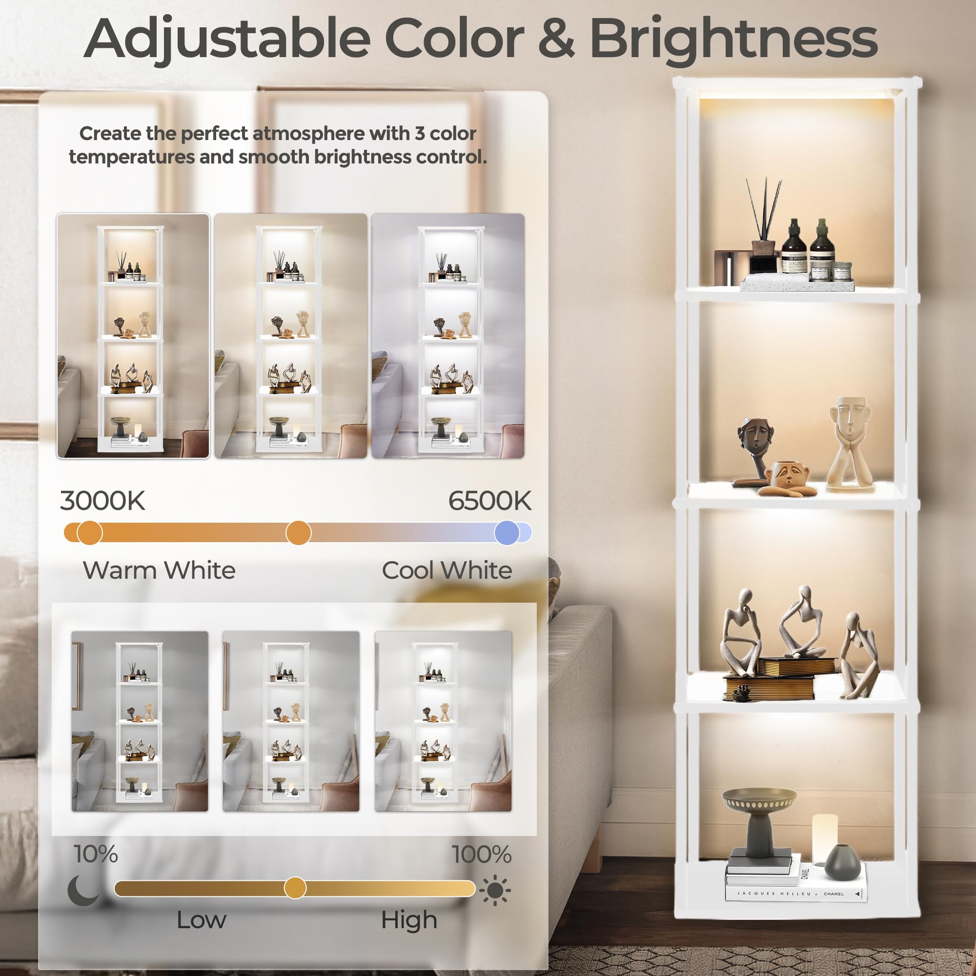 Wio-Mio Tall Display Shelf Floor Lamp, Dimmable LED, 3 Color Temperatures, White, Model PFL-026, Sturdy Glass Curio Cabinet
