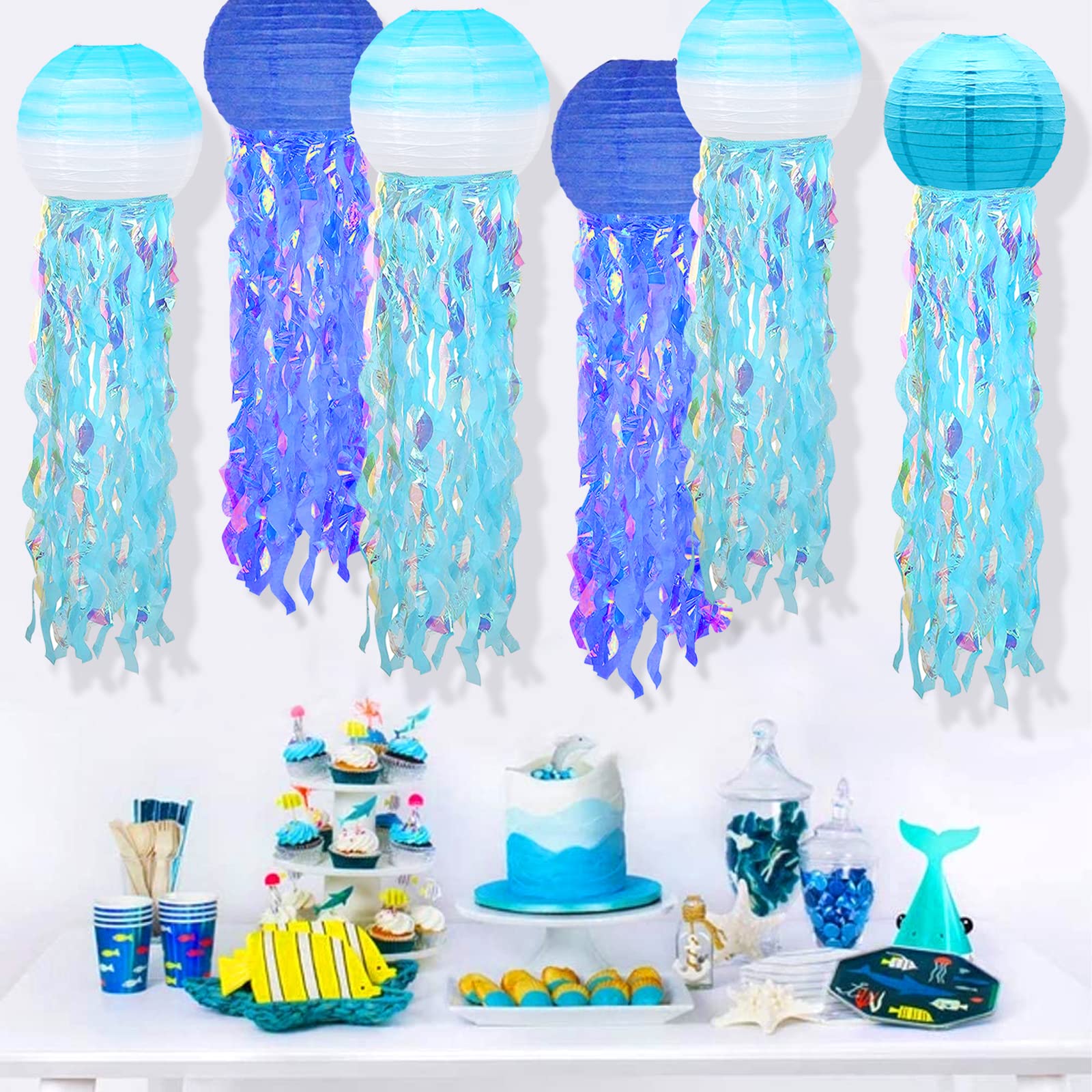 6 Packs Jellyfish Paper Lanterns Hanging Mermaid Wishes Lantern Gradient Blue Sky Blue Ocean Theme Party Supplies Great For Kids