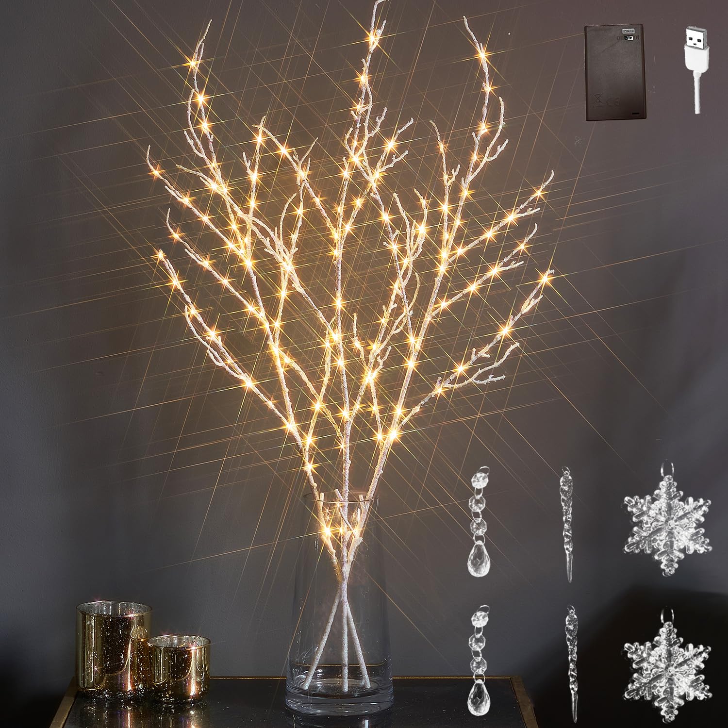 LITBLOOM Lighted Willow Branches Iredescent Glittered 32IN 120 LED with Timer Battery Operated and USB Plug in, Tree Branch with Warm White Lights for Holiday Christmas Decoration