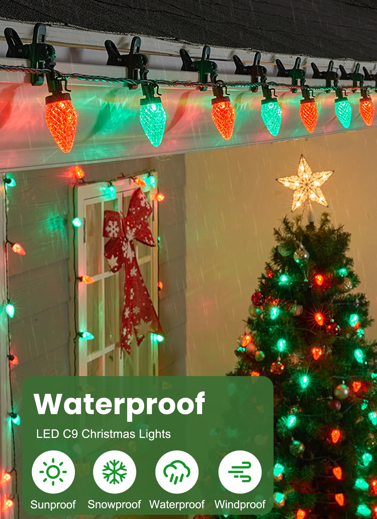 Brightown C9 LED Christmas Lights, 100 Waterproof Strawberry String Lights, 68 Ft, Red & Green, Model GY-C9-X-33-3B