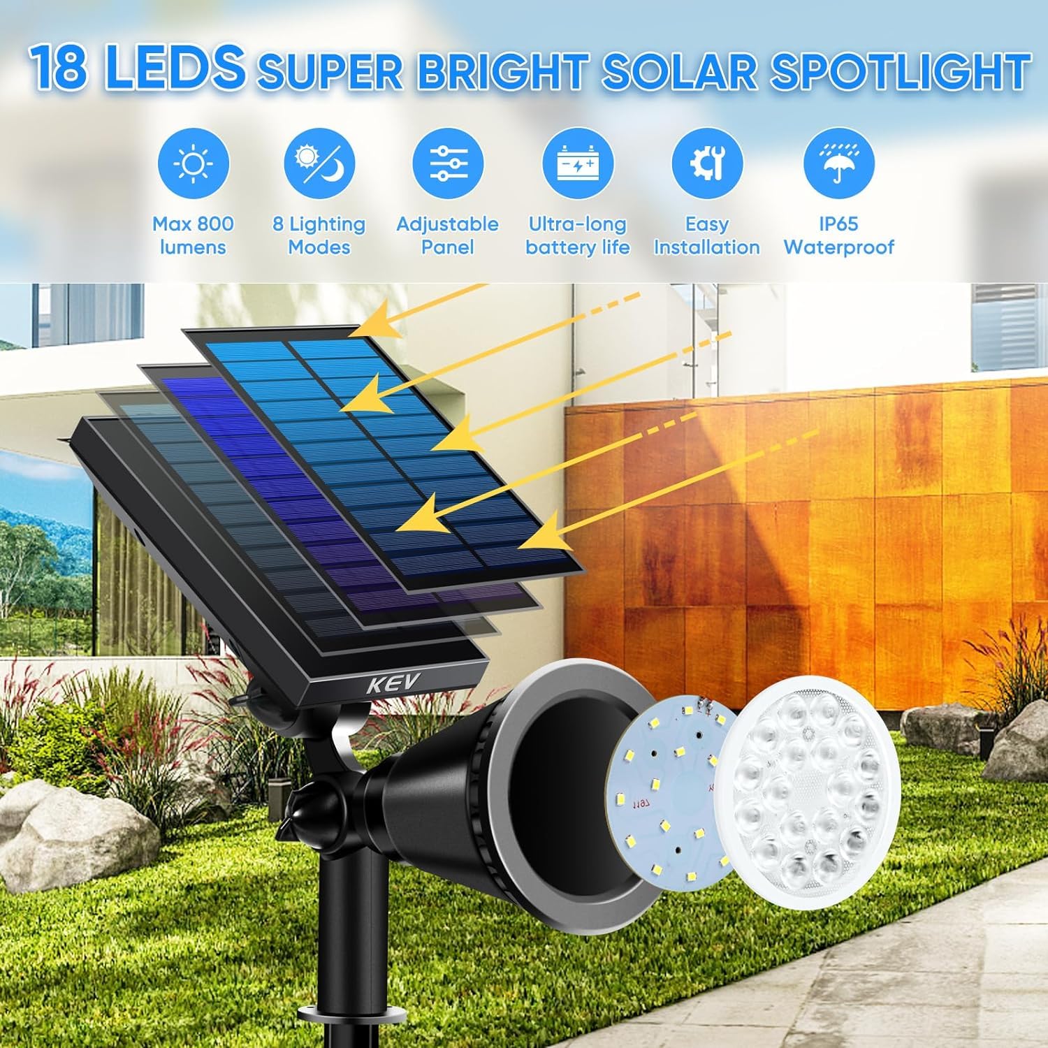 Kev Solar Spot Lights Outdoor,18 Leds Color Changing Rgb Solar Flood Lights With 8 Modes &Ipx65 Waterproof,Halloween Solar Spotl