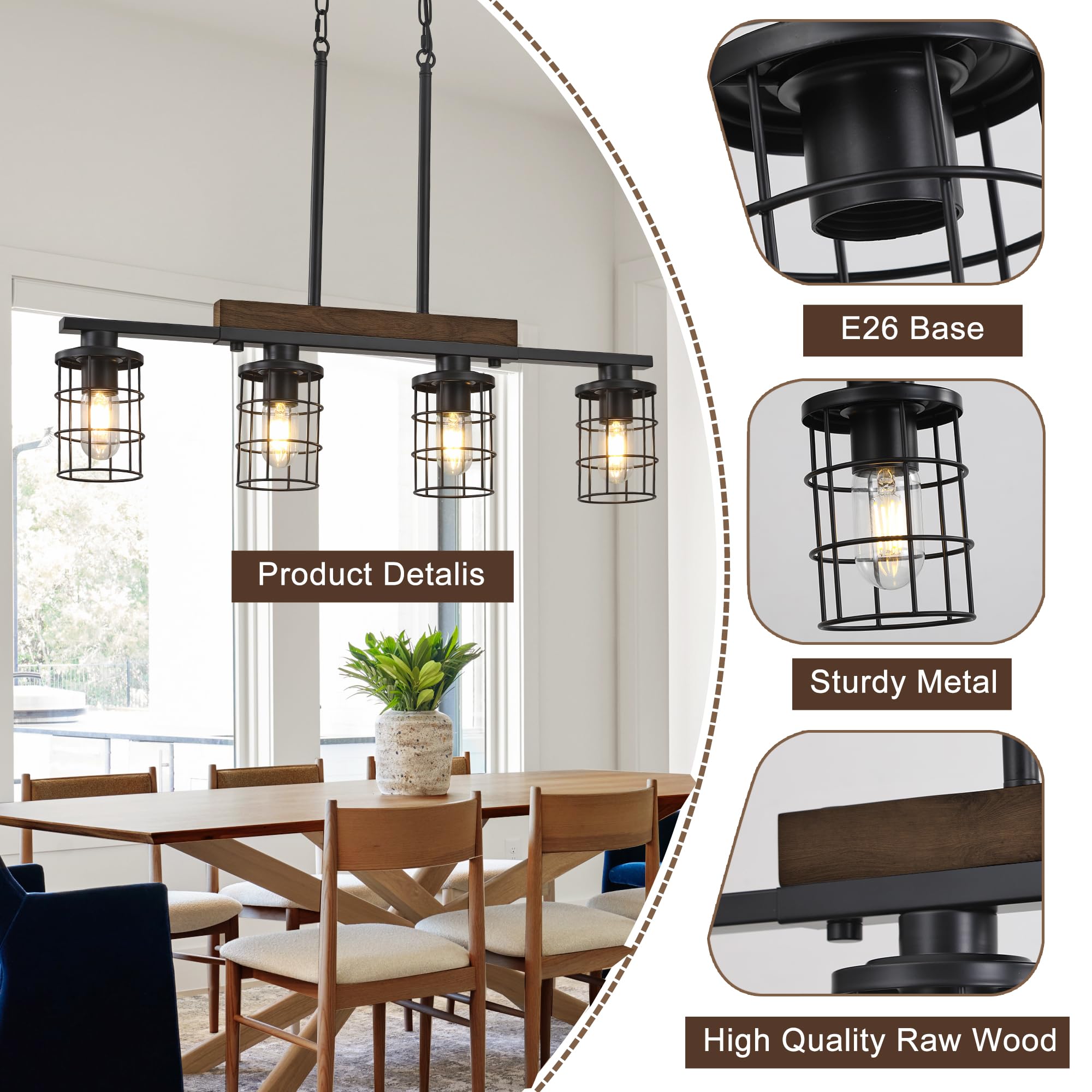 Dining Room Light Fixture/Chandelier Over Table, 29.6-Inch Hanging For Farmhouse Linear Chandeliers,4-Light Kitchen Island Light