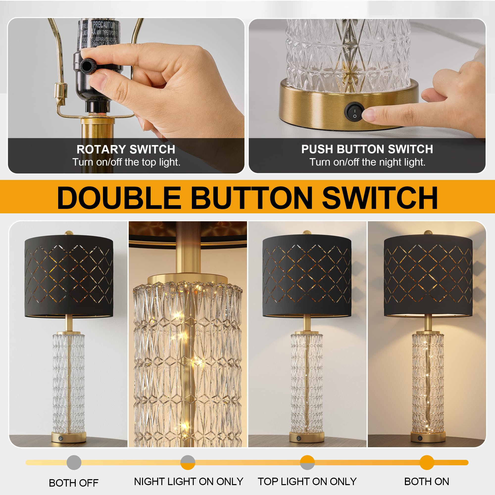 Oneach 27.75'' Modern Table Lamps Set Of 2, Gold Bedside Lamp With Crystal Nightlight, Usb A+C, Black Grid Shade, Unique Desk La