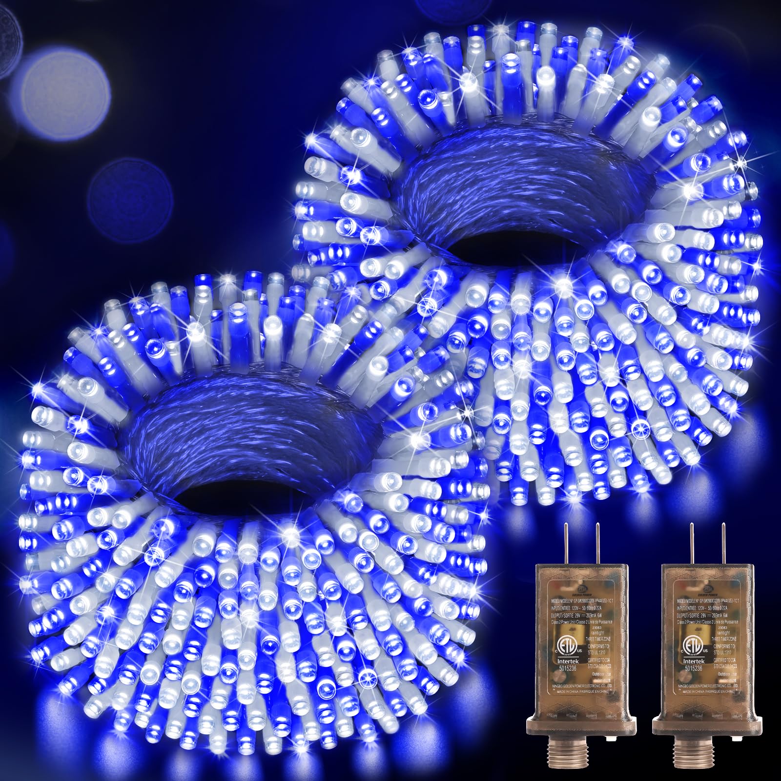 Hezbjiti 2 Pack LED Christmas String Lights, 1000 LED 403FT, IP44 Waterproof, Dimmable, Blue+White, Clear Wire, Model HB01-MNO100