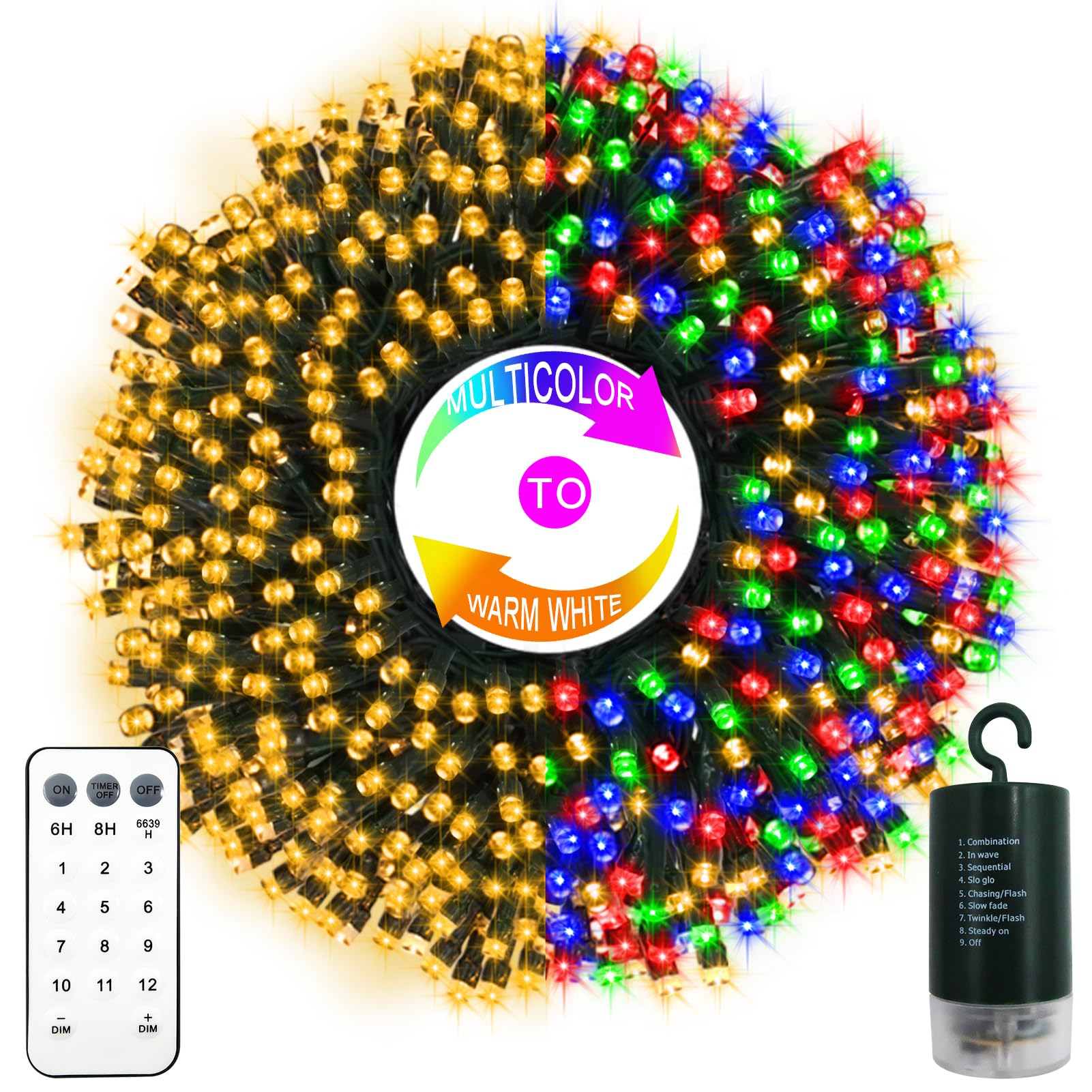 65.6Ft 200Led Battery Operated Christmas String Lights, 12 Lighting Modes Warm White & Multicolor Fairy Lights With Remode Timer, Green Wire Twinkle Lights For Wreath Indoor Outdoor Party Wedding