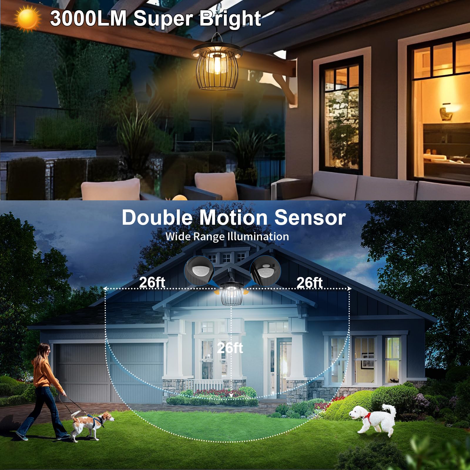 Ladate Solar Shed Lights with 2 Motion Sensors, Waterproof Pendant Lamp, 5 Lighting Modes, 16.4FT Cord, 2 Pack, Cage 2 Pack