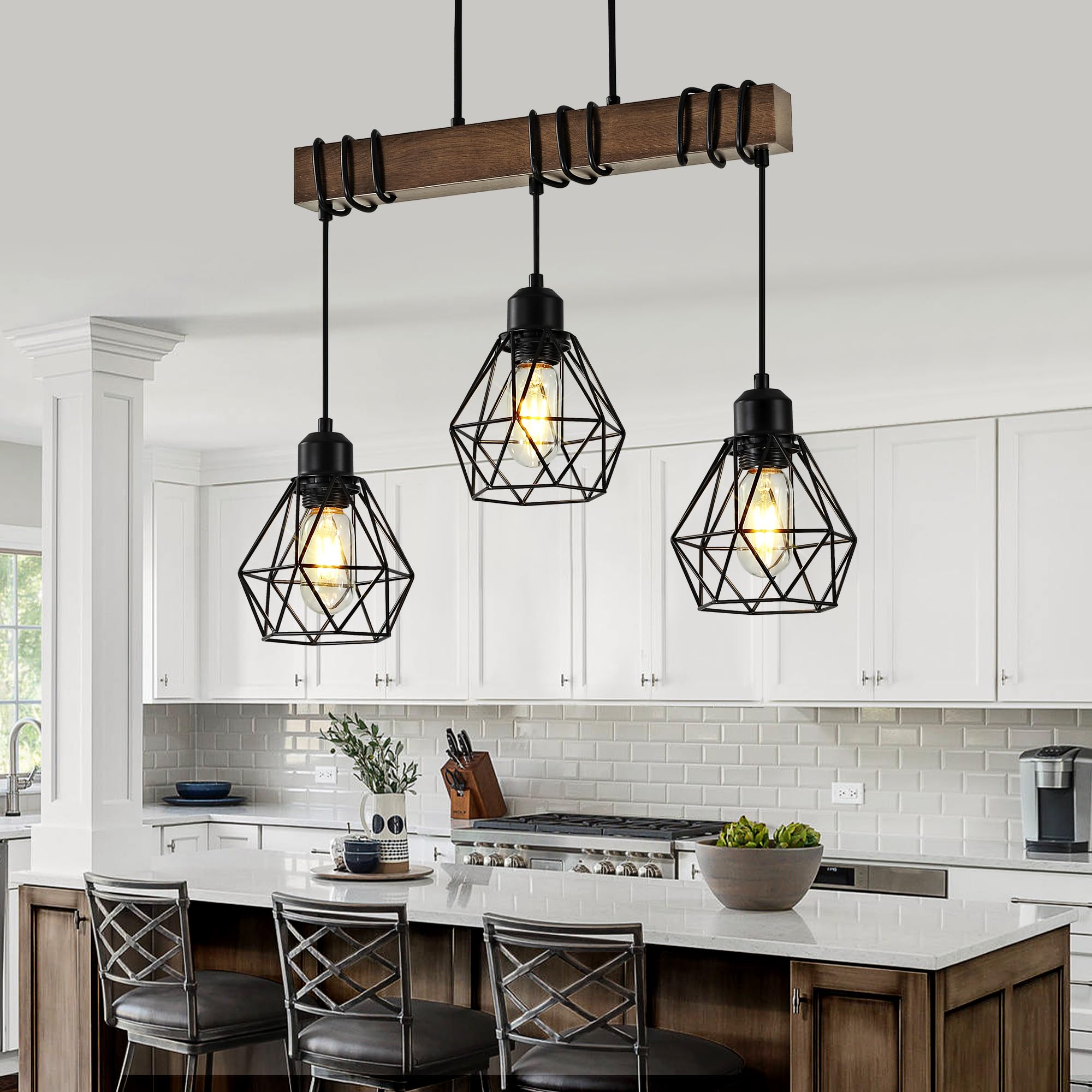 20 3-Light Kitchen Chandeliers Over Table, Farmhouse Black Dining Room Light Fixture, Linear Rustic Wood Ceiling Pendant Islan