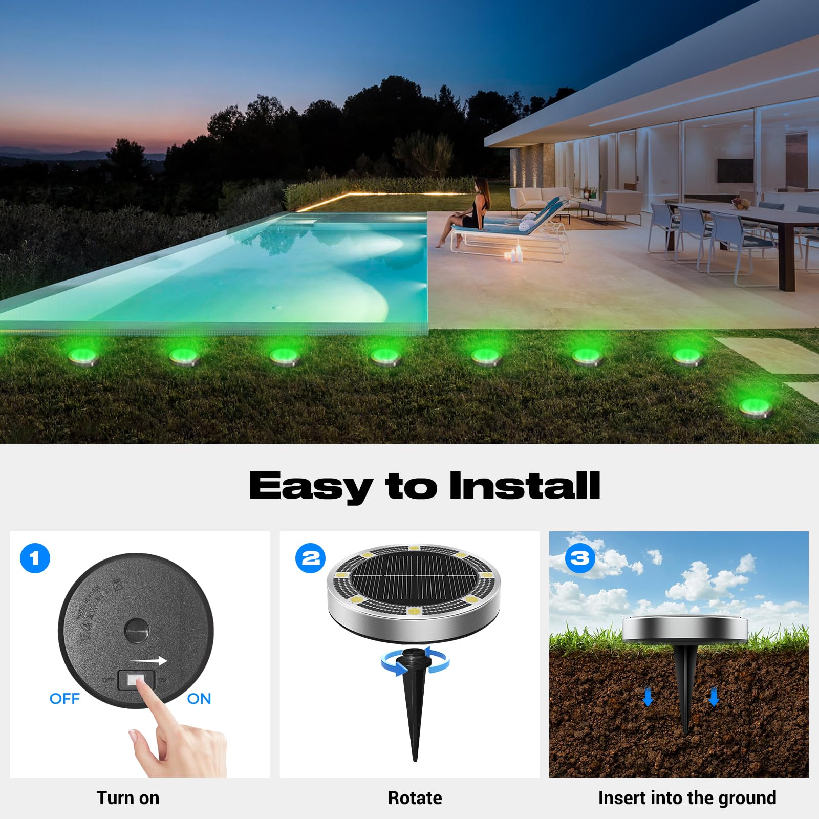 Peasur Mini Solar Ground Lights, 8 Pack, IP68 Waterproof, Stainless Steel, Green, Outdoor Landscape Lighting for Pathway & Garden