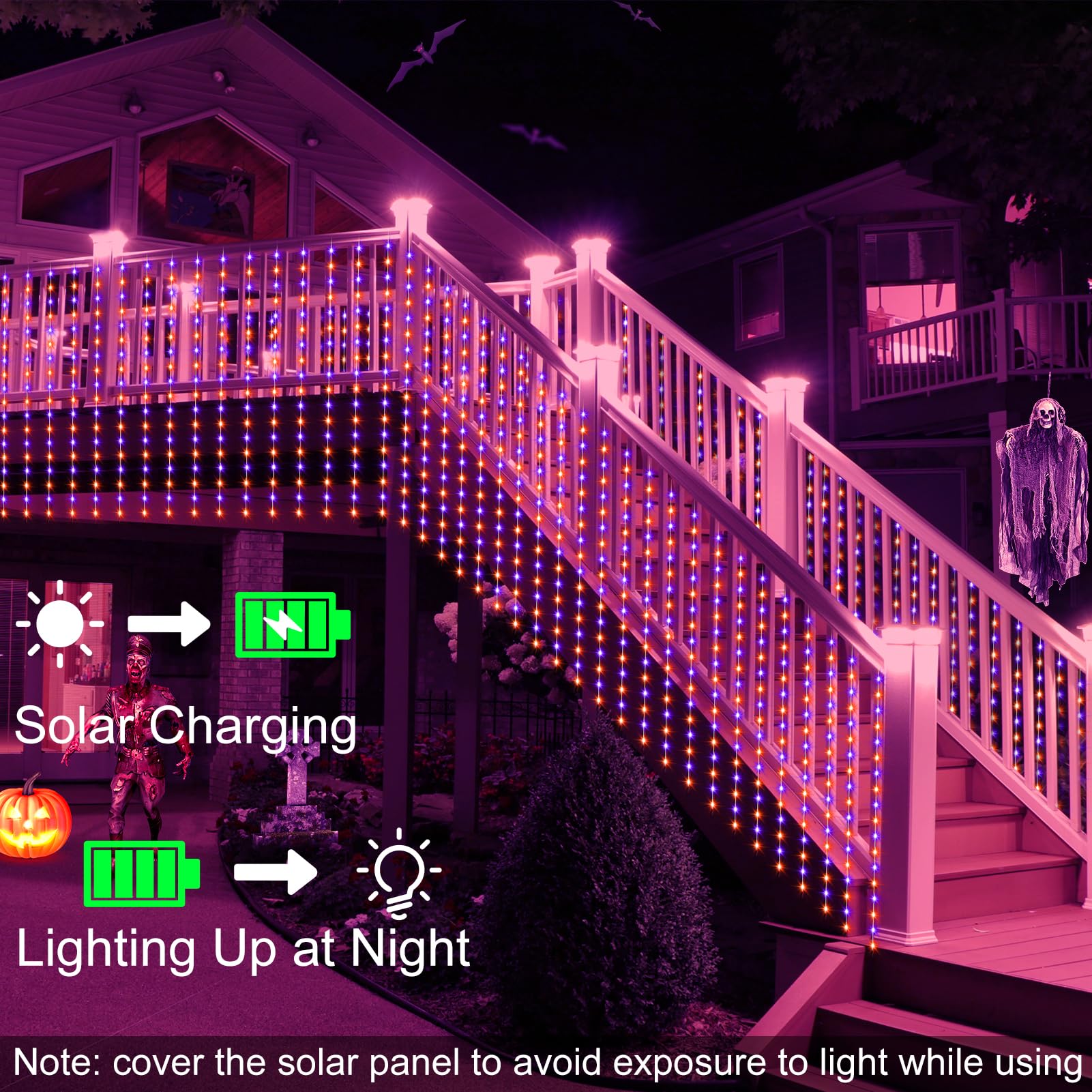 echosari Solar Curtain Lights, 144 LED, 7.9ft x 6ft, Orange & Purple, 8 Modes, Waterproof, Halloween Decor