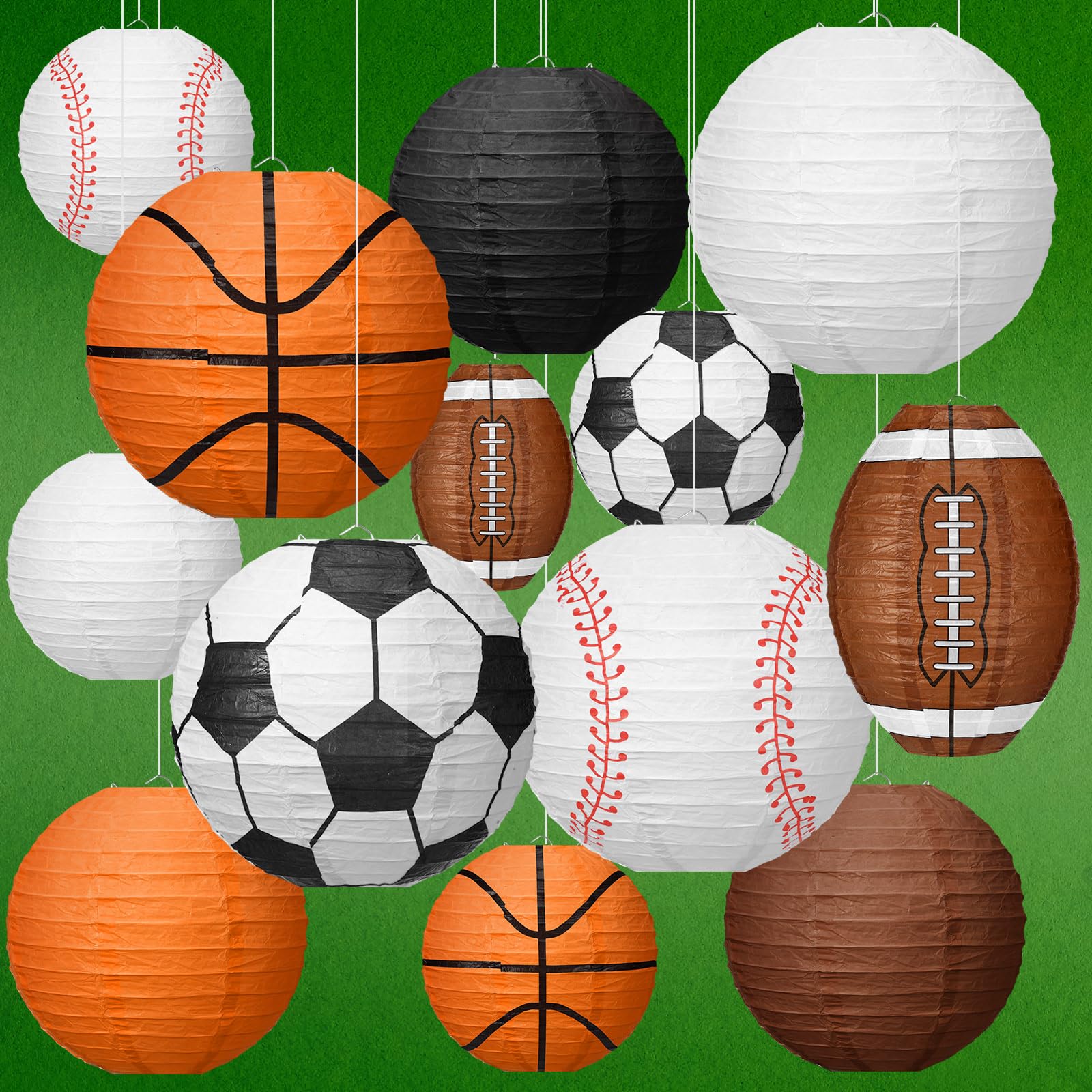 Bencailor 13 Pcs Sports Paper Lanterns - Multicolor Soccer, Baseball, Football, Basketball for Birthday Party Decoration