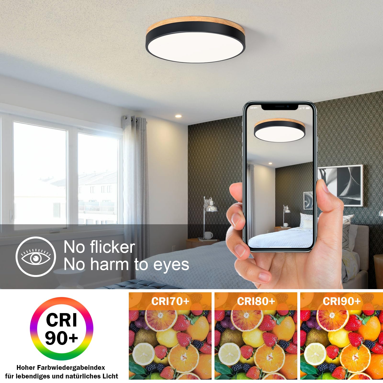 Vikaey Modern Wood Led Ceiling Light Fixture, Simple Black Flush Mount Ceiling Lights, 4000K Circle Ceiling Fixtures For Living