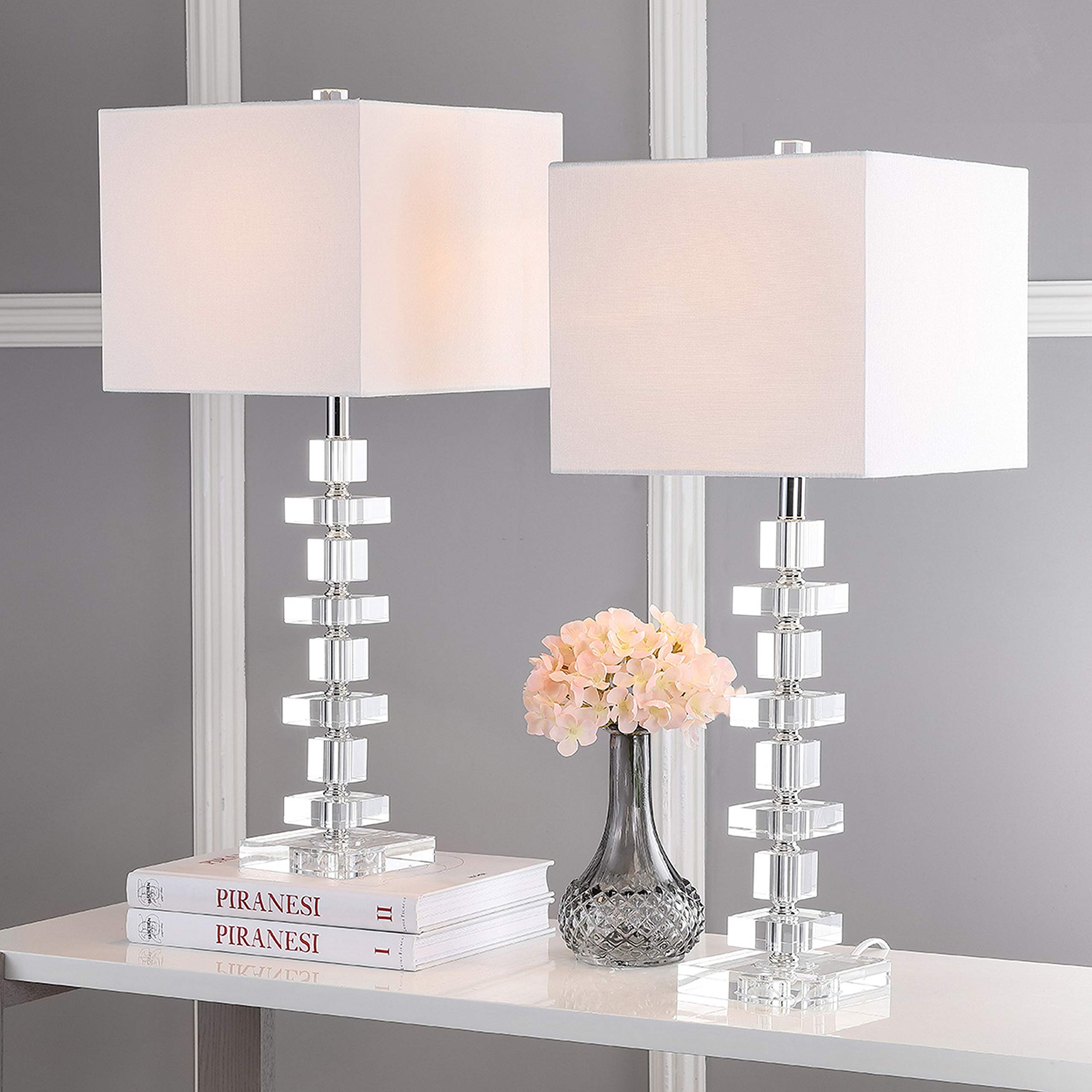 Safavieh Desk Nightstand Table Lamp Set of 2, 28 Inch, Clear/Chrome, Crystal, Model LIT4169A-SET2, LED Bulbs Included