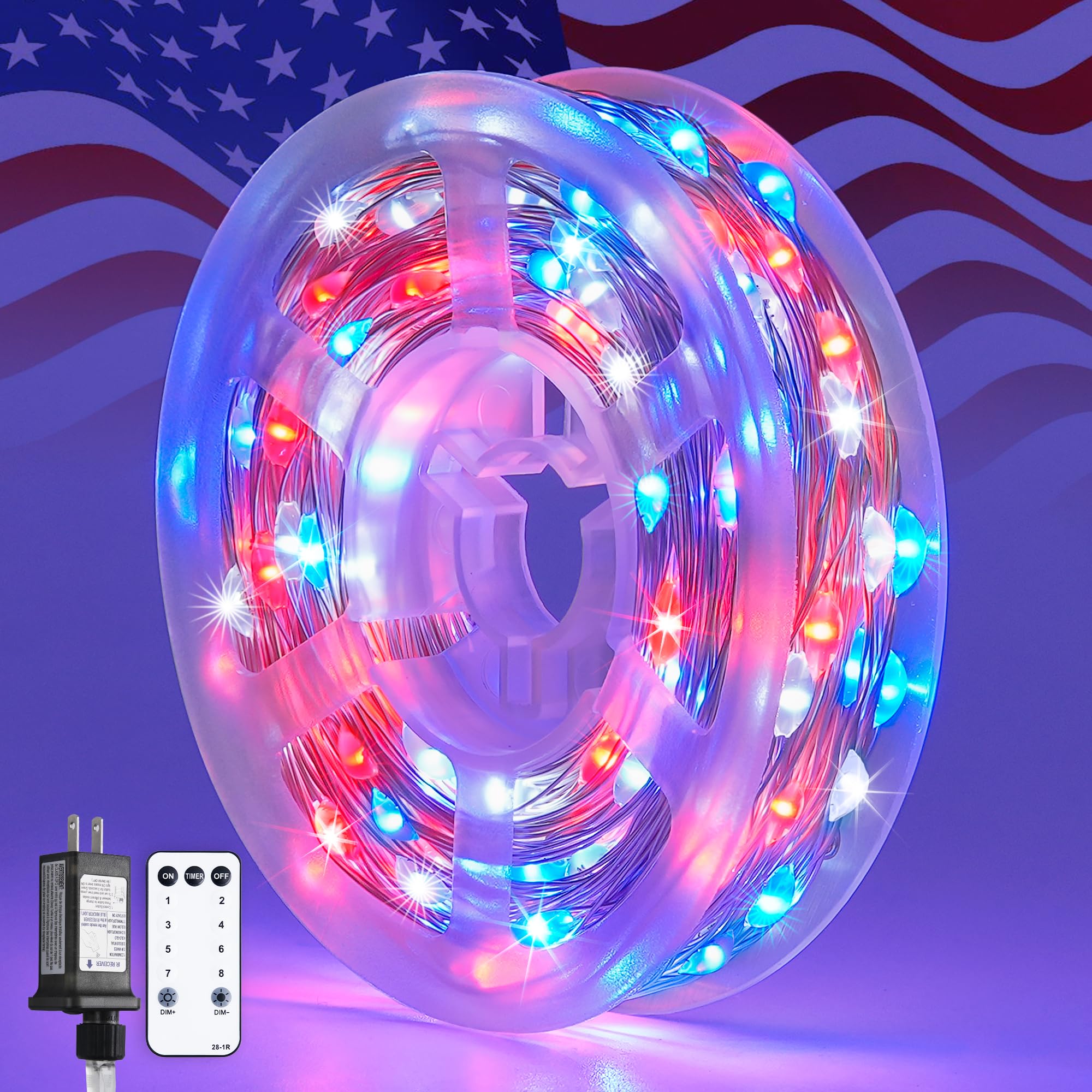 JMEXSUSS 200 LED 4th of July Fairy Lights, Red White and Blue Lights Indoor with Wheel, 8 Modes Remote Control Twinkle Patriotic