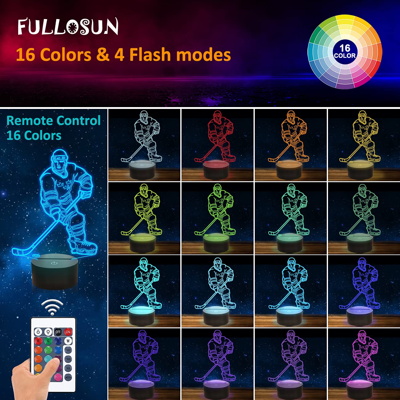 Fullosun 3D Ice Hockey Night Light - 16 Colors Remote Control Decor Lamp For Kids & Boys