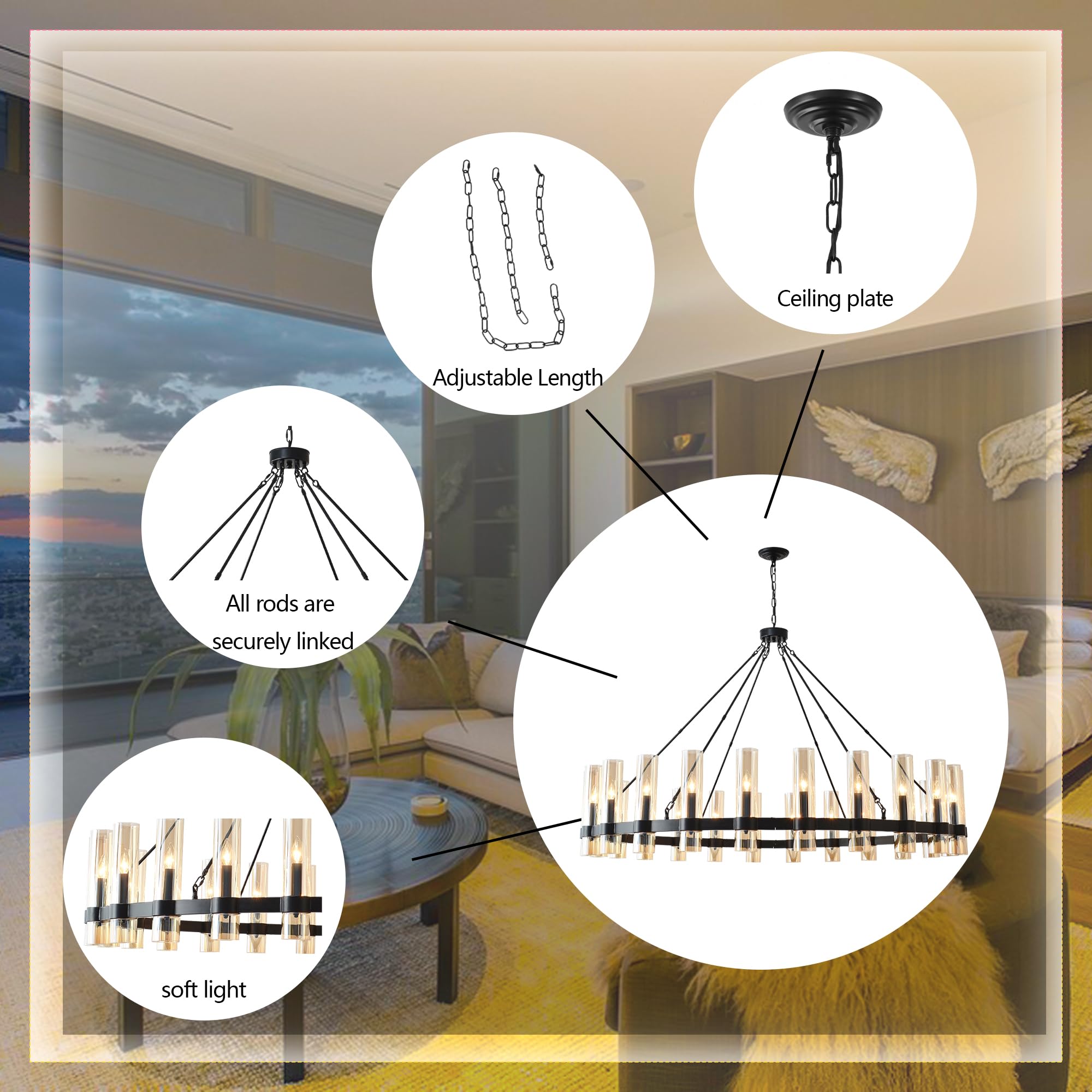 JKLX 60 Inch Black Wagon Wheel Chandelier, 24 Lights, Brown Glass Shade for Dining Room, Kitchen, Foyer, Living Room