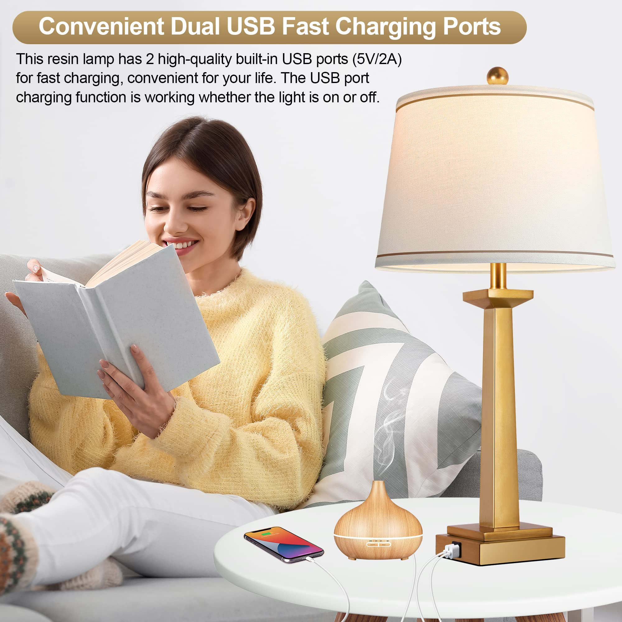 Rottogoon 29&quot; Gold Table Lamps Set Of 2, Modern Nightstand Lamps With Usb Charging, Led Included