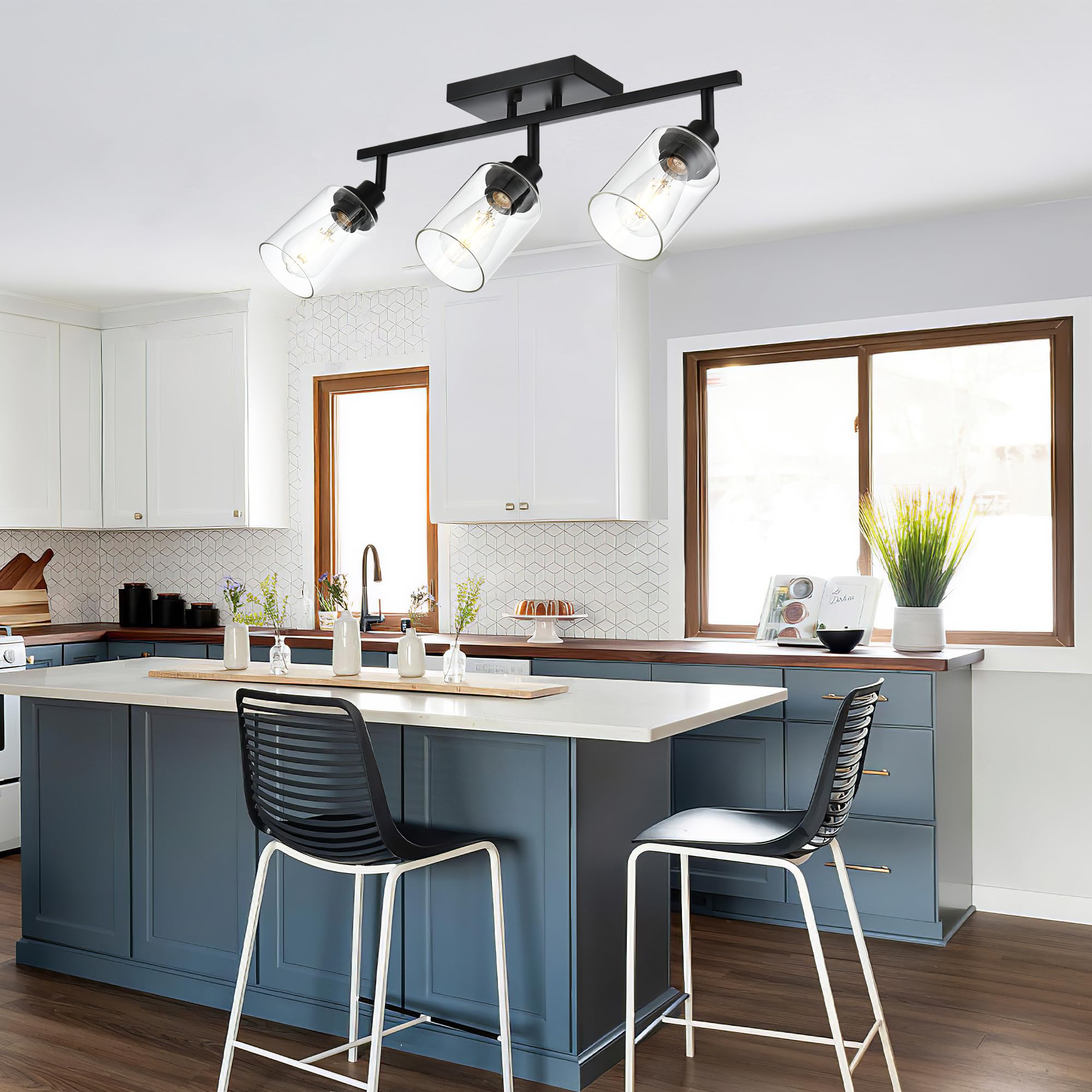 Wanluce 3-Light Black Track Lighting Kit, Rotatable Spotlight with Clear Glass Shade, Model 16450SP-3BL for Kitchen and Bathroom