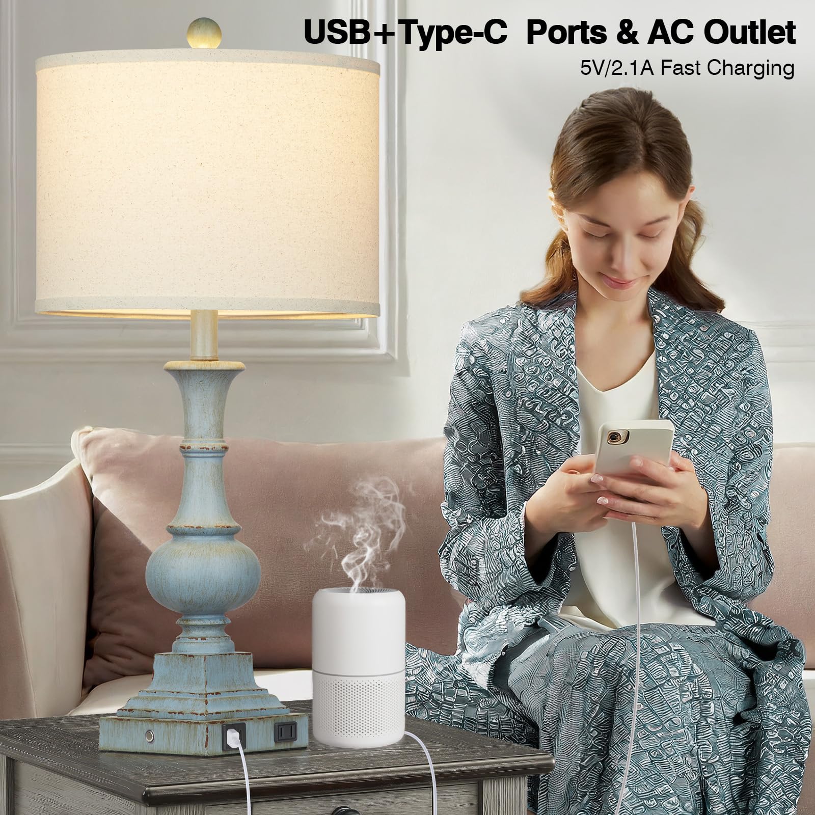 Farmhouse Table Lamps Set Of 2, Rustic Touch Control Bedside Lamps With 2 Usb Ports & Ac Outlet, Vintage Resin 3-Way Dimmable Nightstand Lamp Linen Fabric Shade For Living Room Bedroom Decor Blue