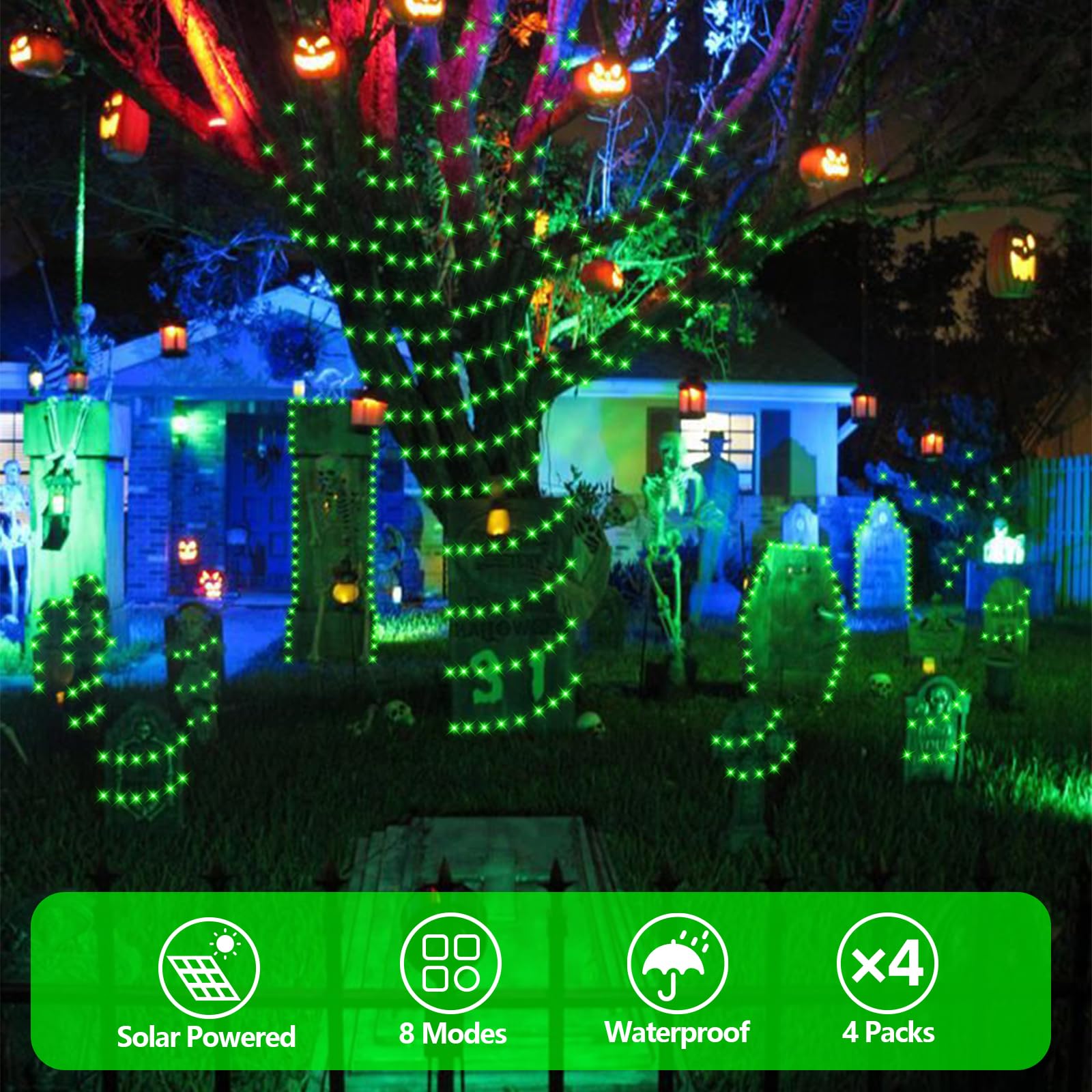 Yeguo Green Halloween Lights Outdoor Waterproof,4 Pack Each 33Ft 100 Led Solar Fairy Lights, 8 Modes String Light For Outside