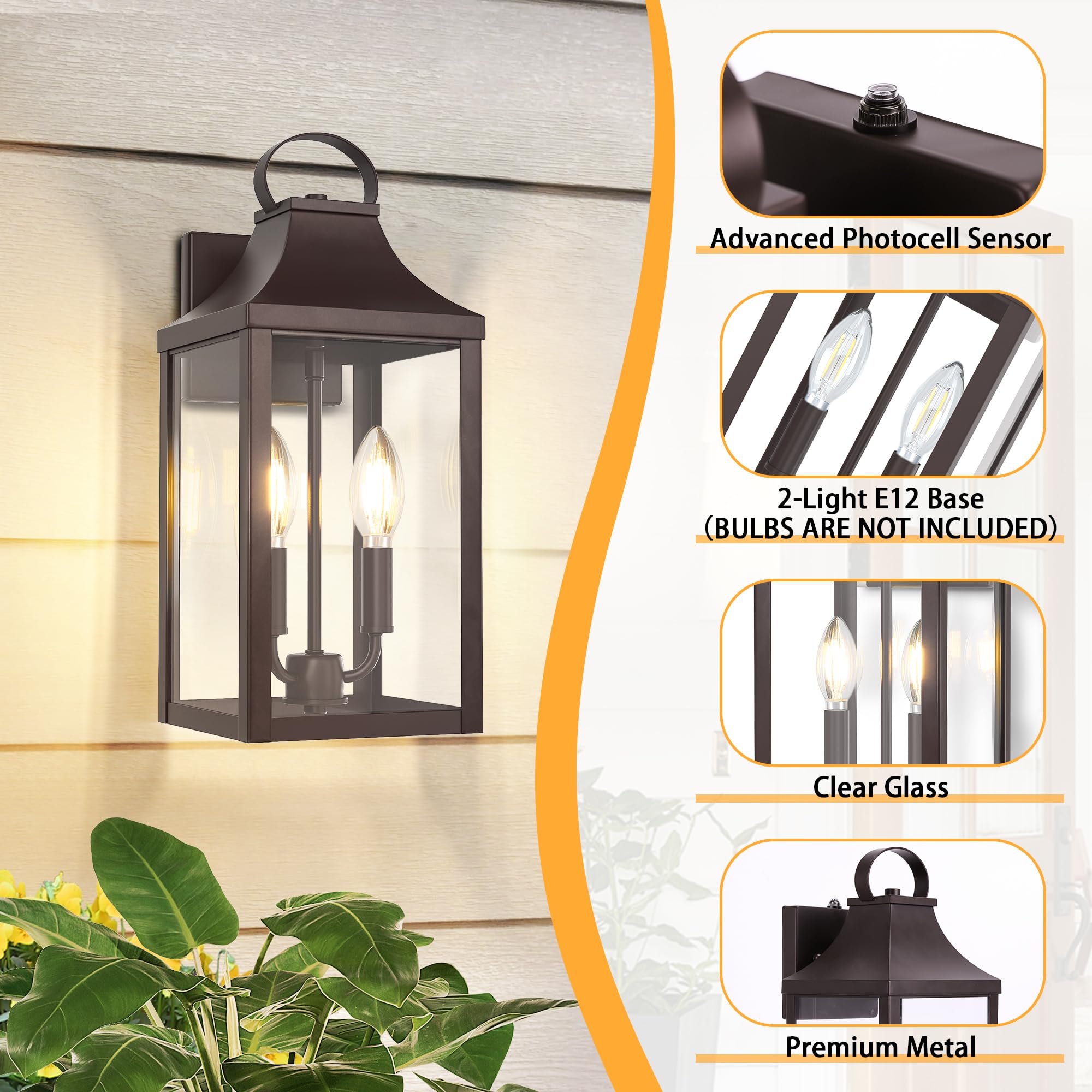 MYHXQ 15" Dusk to Dawn Black Outdoor Wall Lantern, 2-Light Industrial Sconce, Waterproof Metal Fixture, Model WL303A-BW