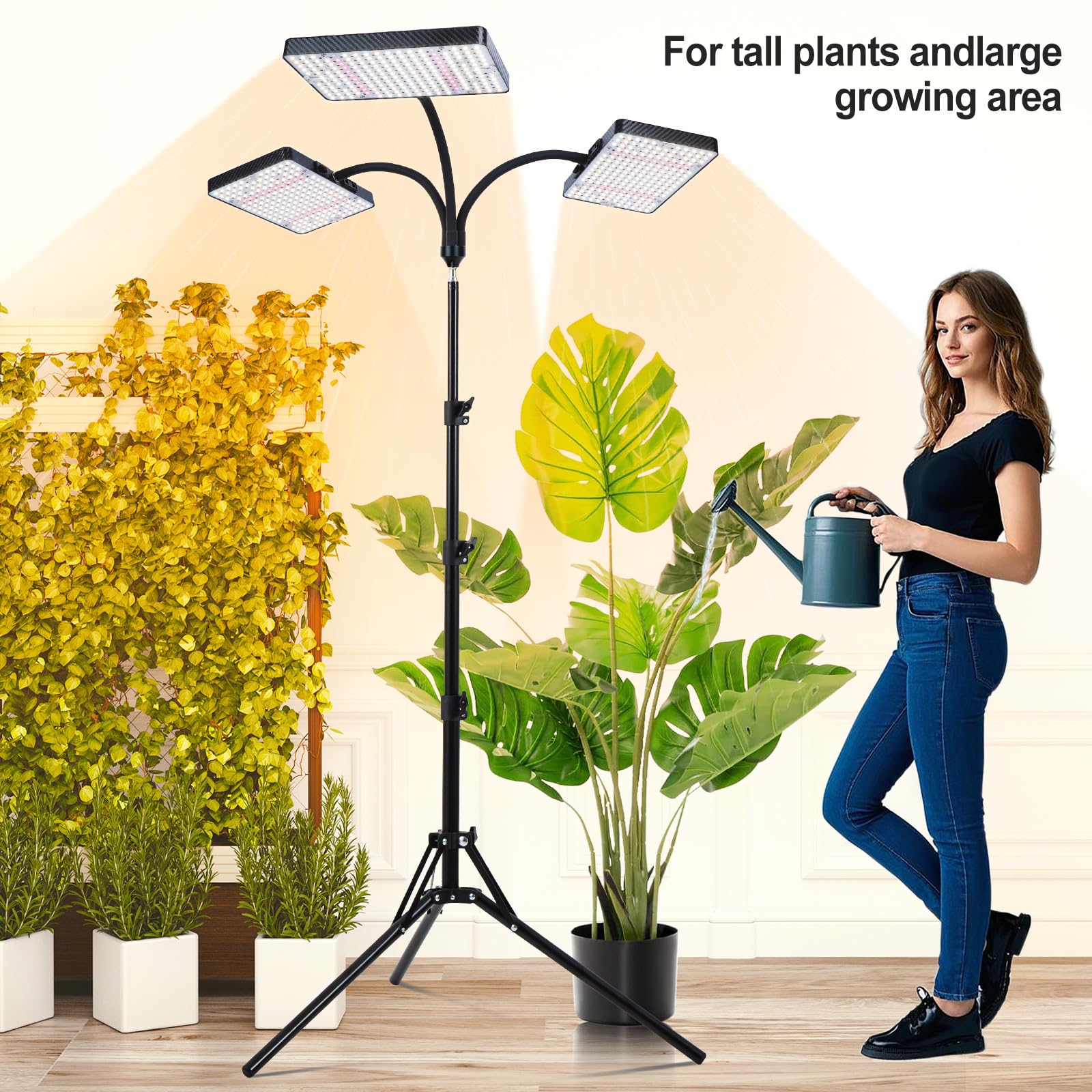 Orchbloom Grow Light with Stand, 75W Full Spectrum, 3 Head, Black, Zinqolay, Auto Timer for Indoor Plants