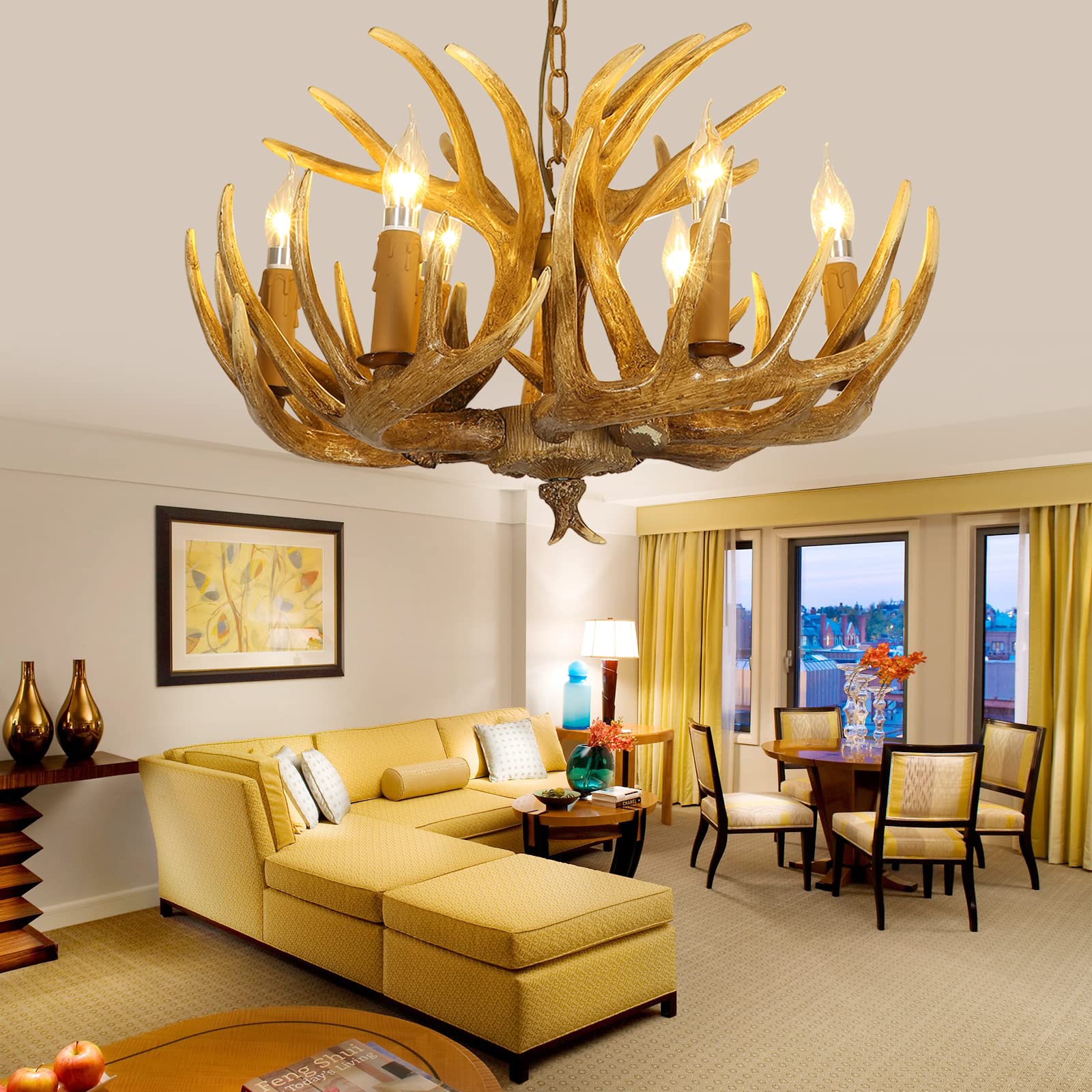 AUNLPB Antler Chandelier 6 Light Vintage Style Faux Resin 26 Inch for Living Room, Cabin - 6 Lights, 9 Arms