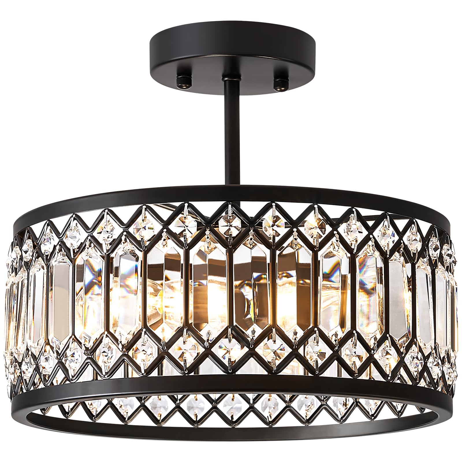 Yurnyq Crystal Ceiling Light Fixture, Modern Semi Flush Mount Ceiling Light, Black Lighting Chandelier For Kitchen, Bedroom, Din