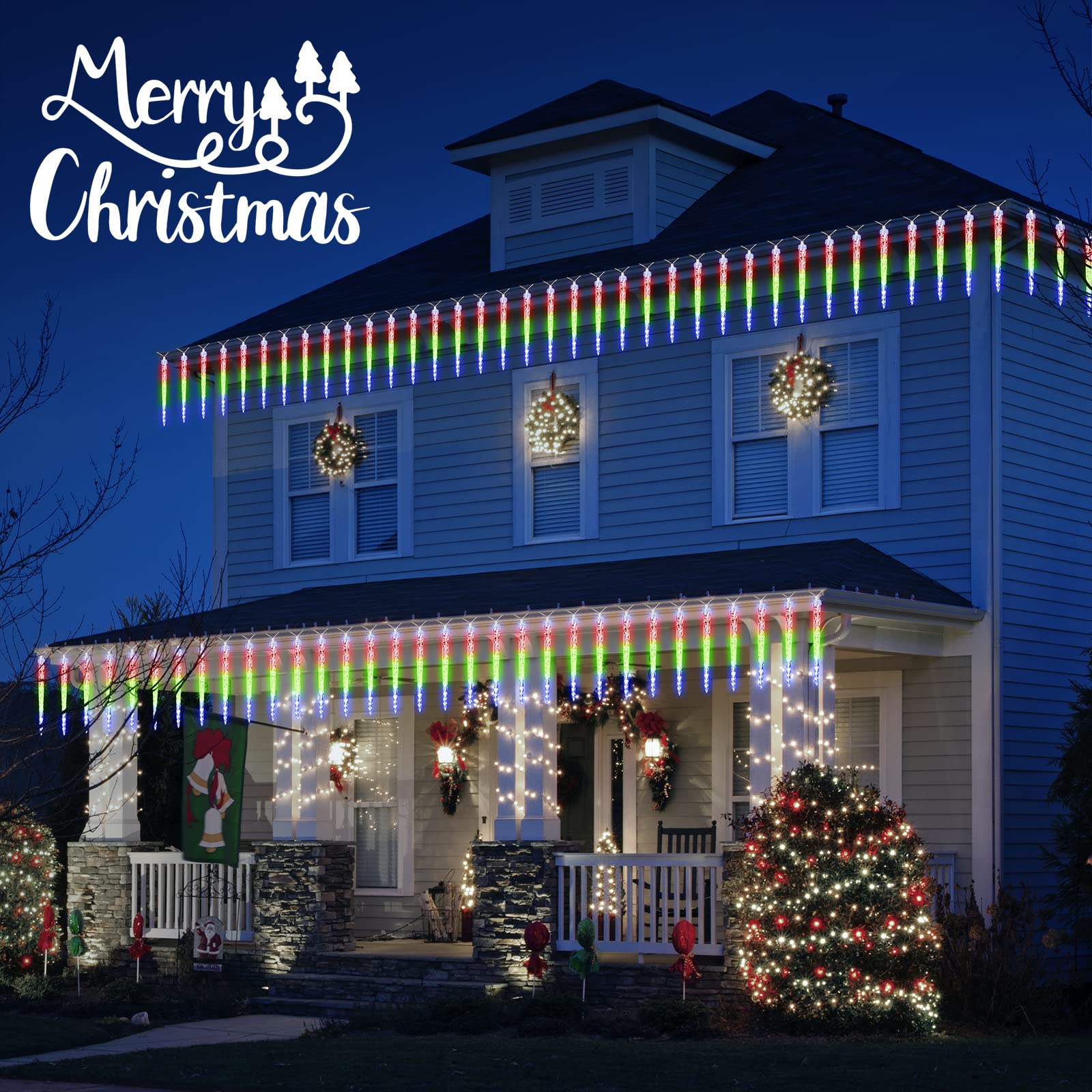 Brightown Icicle Lights Outdoor, 10 Ft Meteor Shower with 10 Multicolor Tubes, Snowfall Effect for Eave Roofline Patio