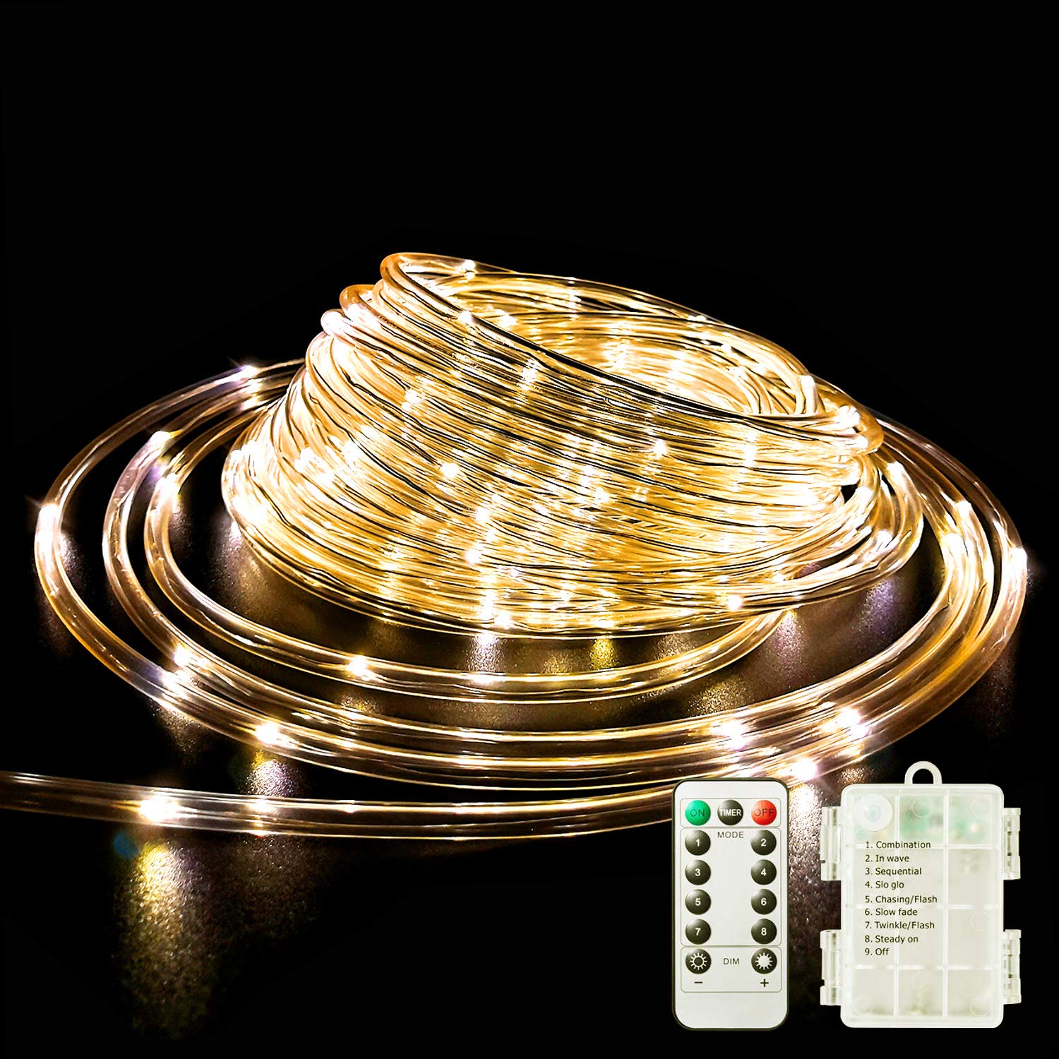 Fatpoom LED Rope Lights 40Ft 120 LEDs Waterproof Fairy Lights Warm White Battery Operated with Remote for Camping Party Decor