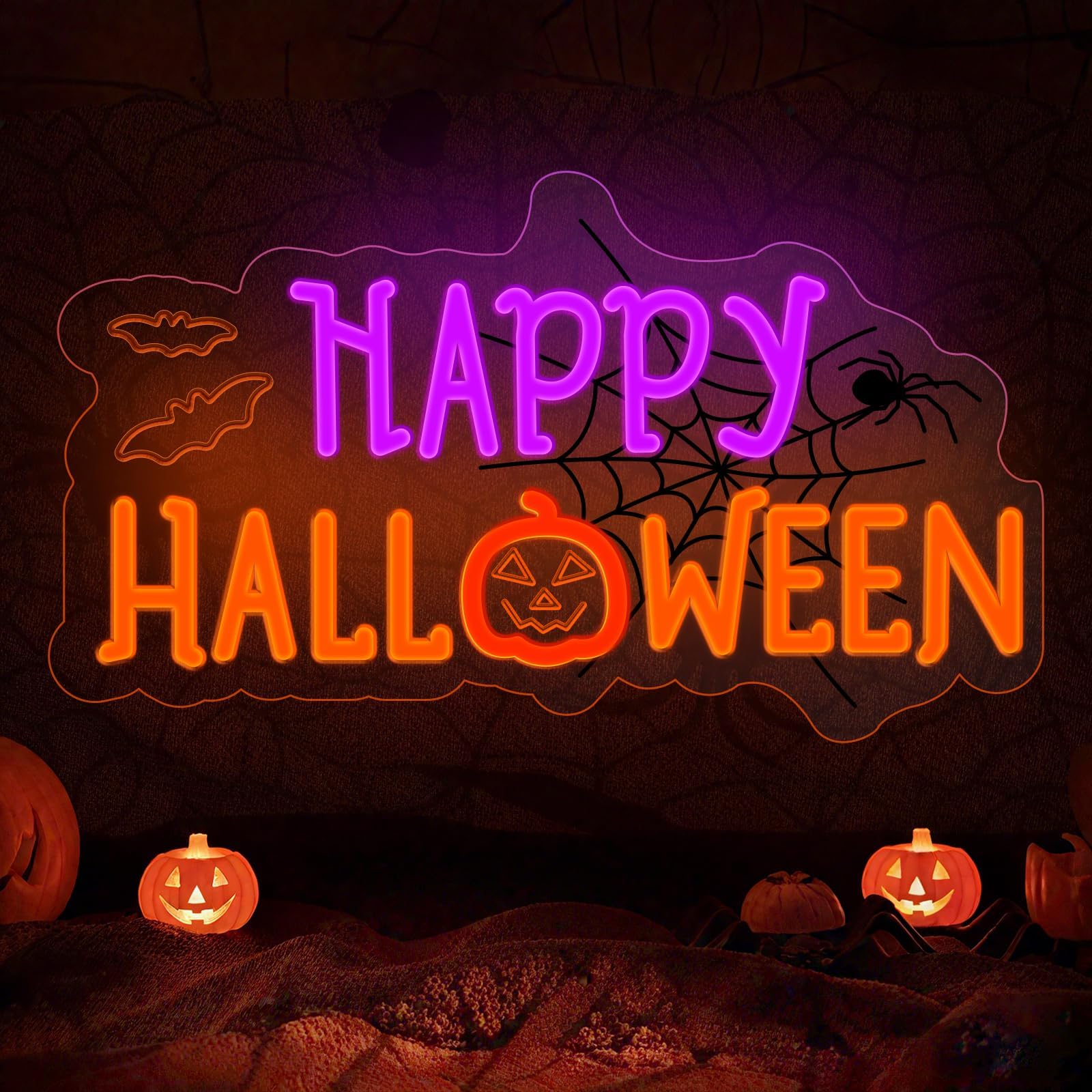 Halloween Neon Sign For Halloween Wall Decor Dimmable Neon Light Bat & Pumpkin Light Up Signs For Halloween Bedroom Horror Party Bar Background Decoration