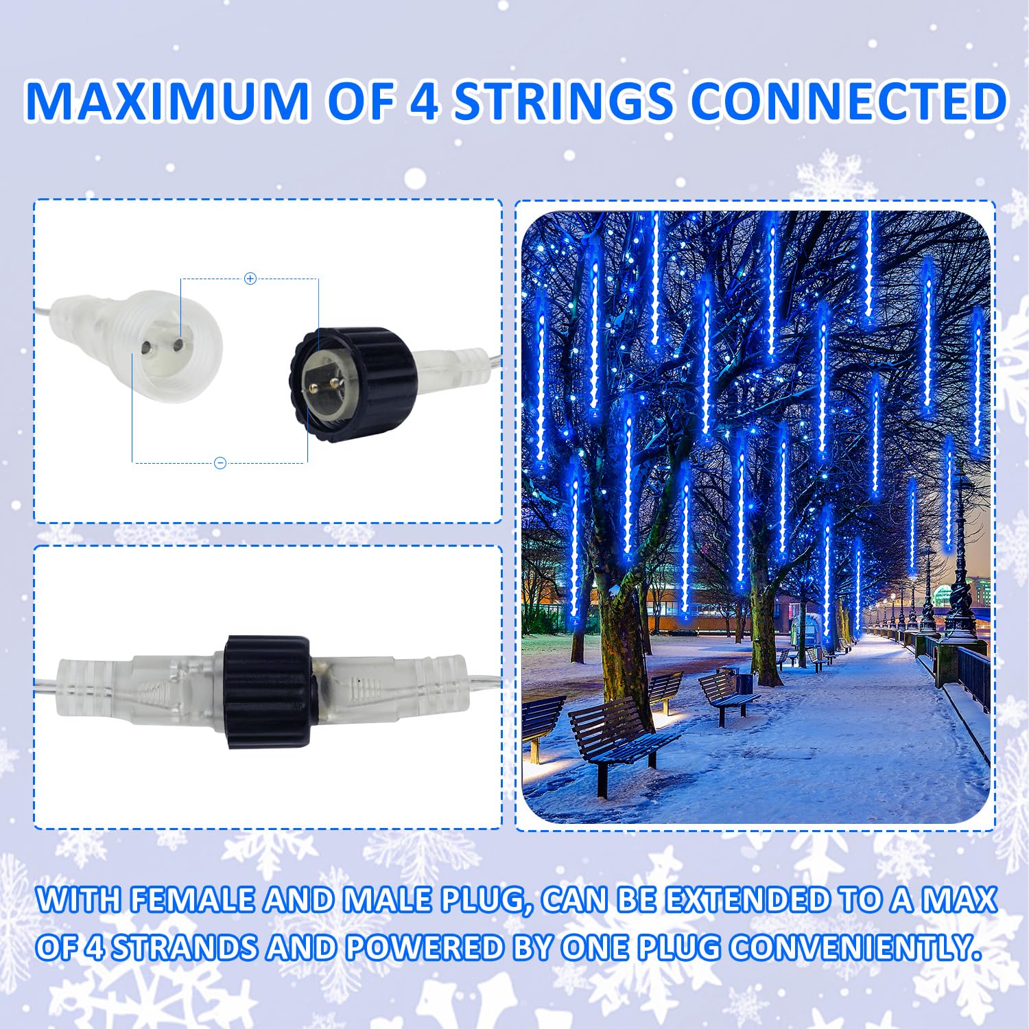2-Pack Extendable Meteor Shower Christmas Lights Outdoor  16 Tubes 384 Leds Waterproof Falling Rain String Lights  Christmas String Lights Outdoor For Tree Garden Patio Holiday Decorations (Blue)