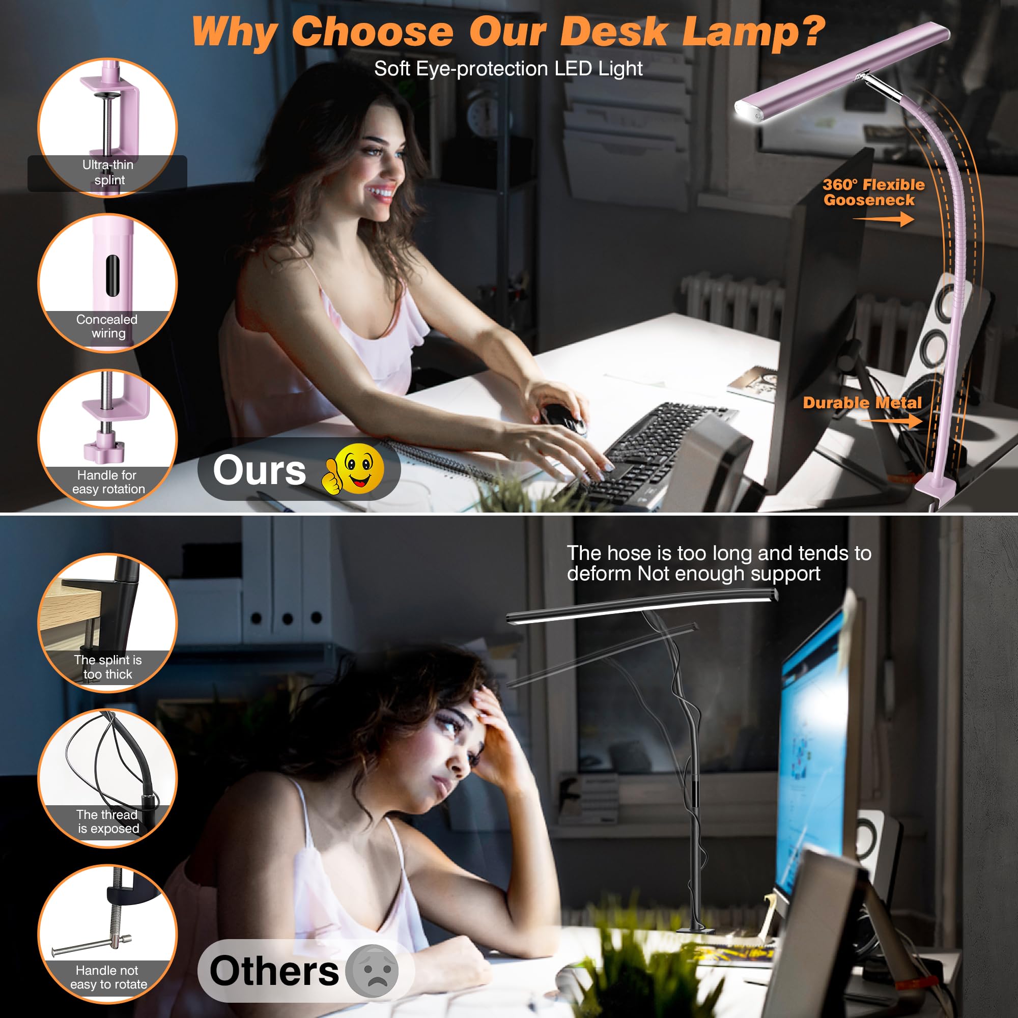 Airlonv Led Desk Lamp For Office Home, Eye-Caring Desk Light With Stepless Dimming Adjustable Flexible Gooseneck, 10W Usb Adapte