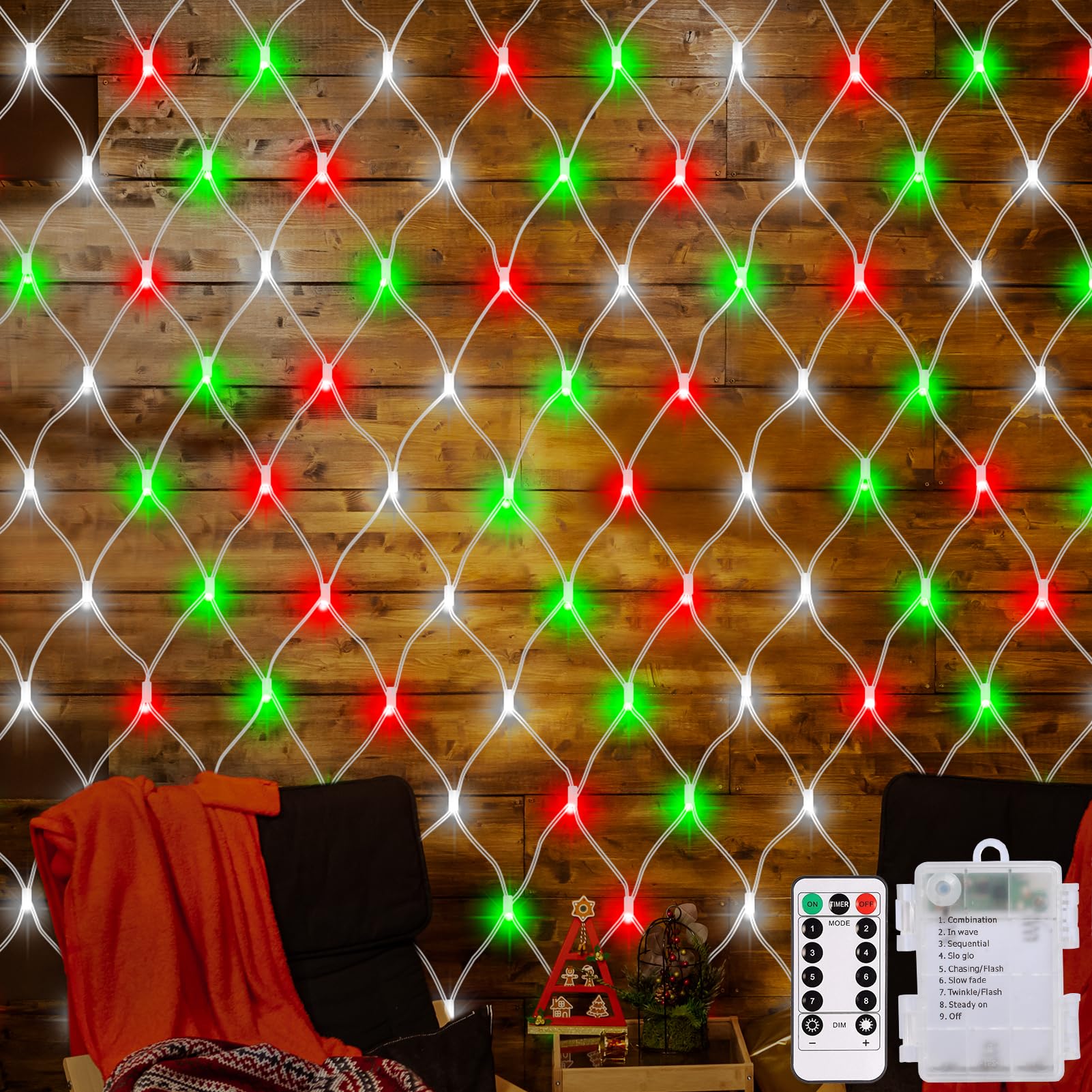echosari Battery Operated Net Lights, 100 LED, 4.9ft x 4.9ft, Red White & Green, 8 Modes, Remote Timer, Dimmable,