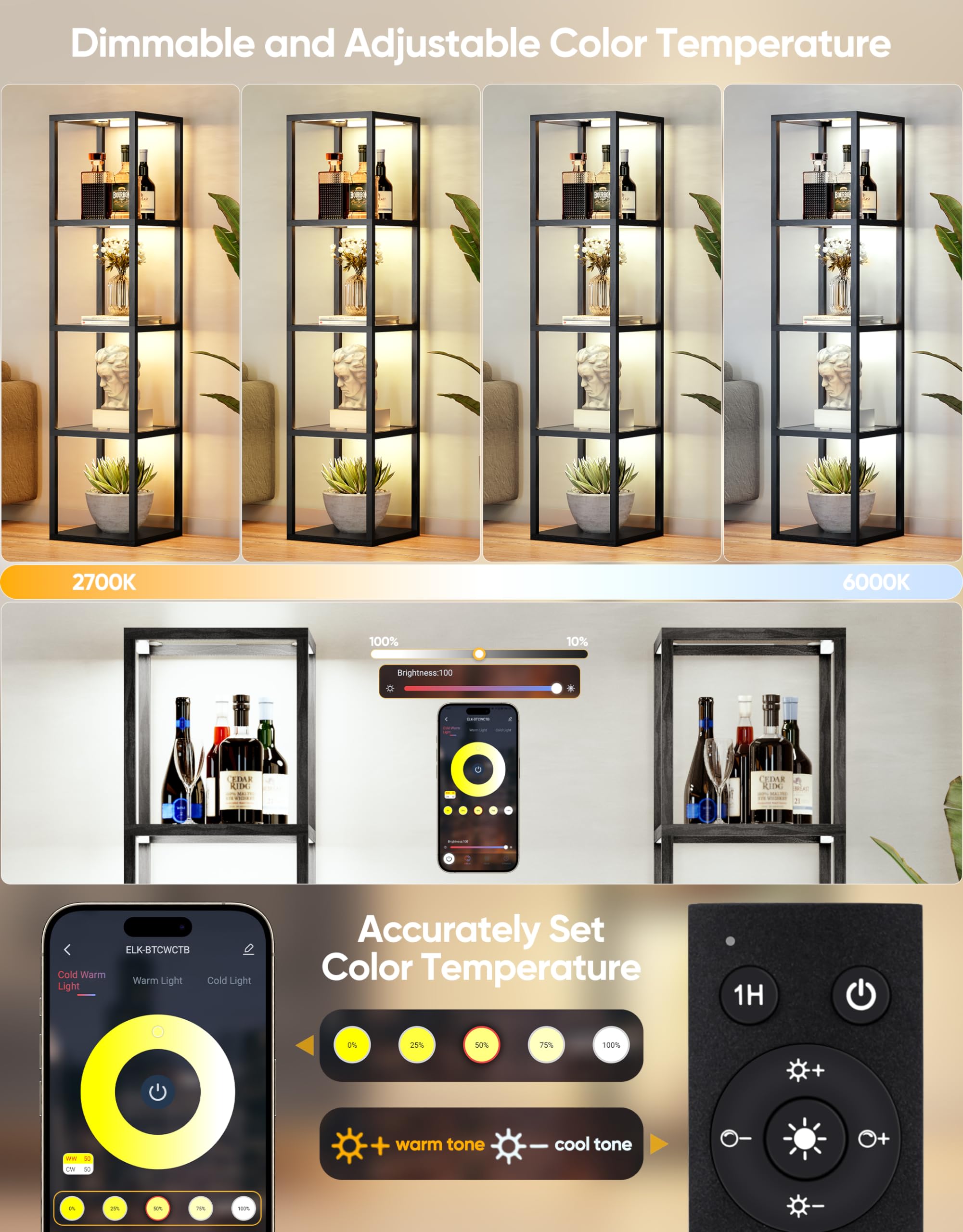 PARTPHONER Large Glass Display Shelf with Dimmable LED Floor Lamp, Remote/APP Control, Black, Model PAFP088AB1