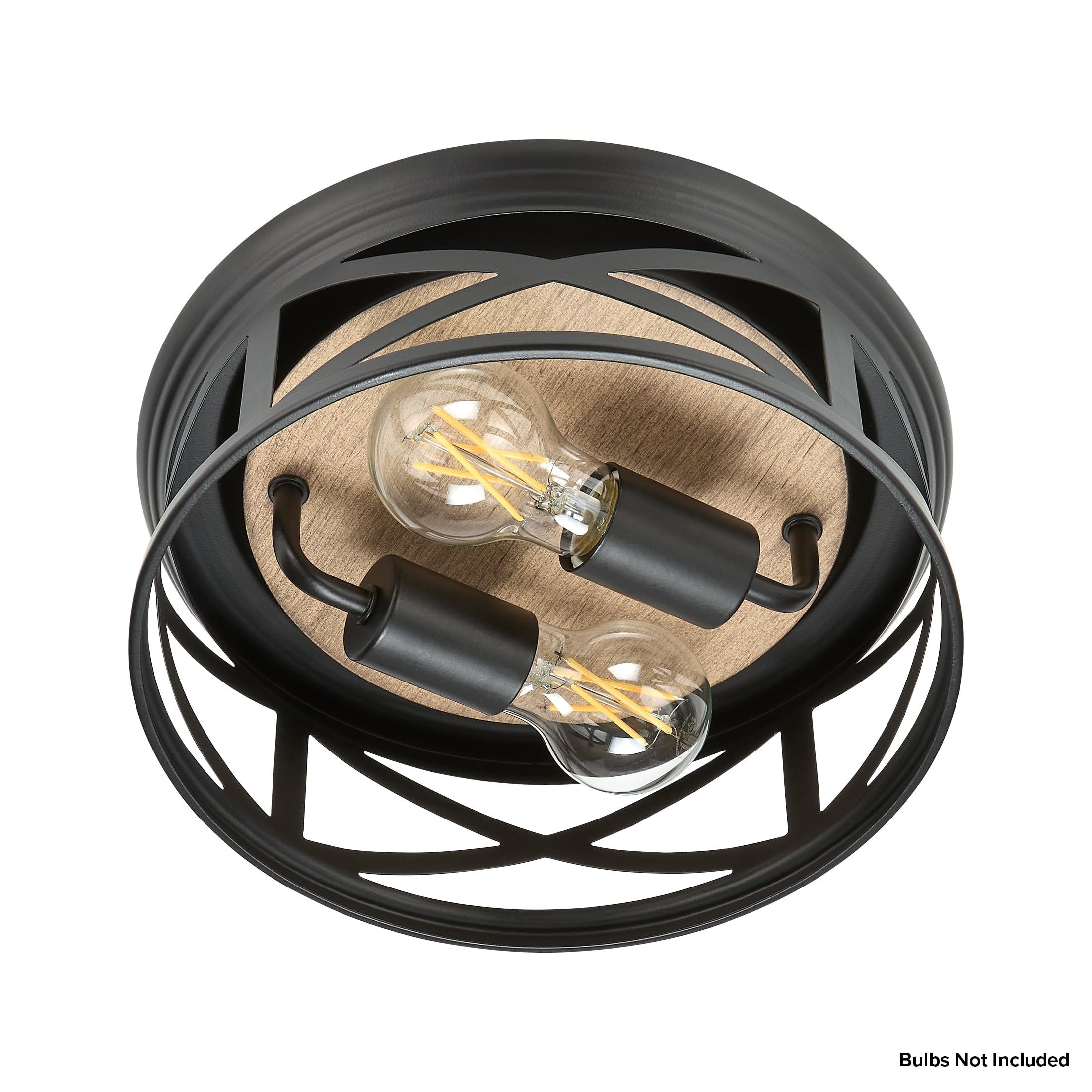 Maxxima Indoor/Outdoor Flush Mount Ceiling Light Fixture, 2-Light Round Farmhouse Close To Ceiling Entryway Light, Black W/Wood