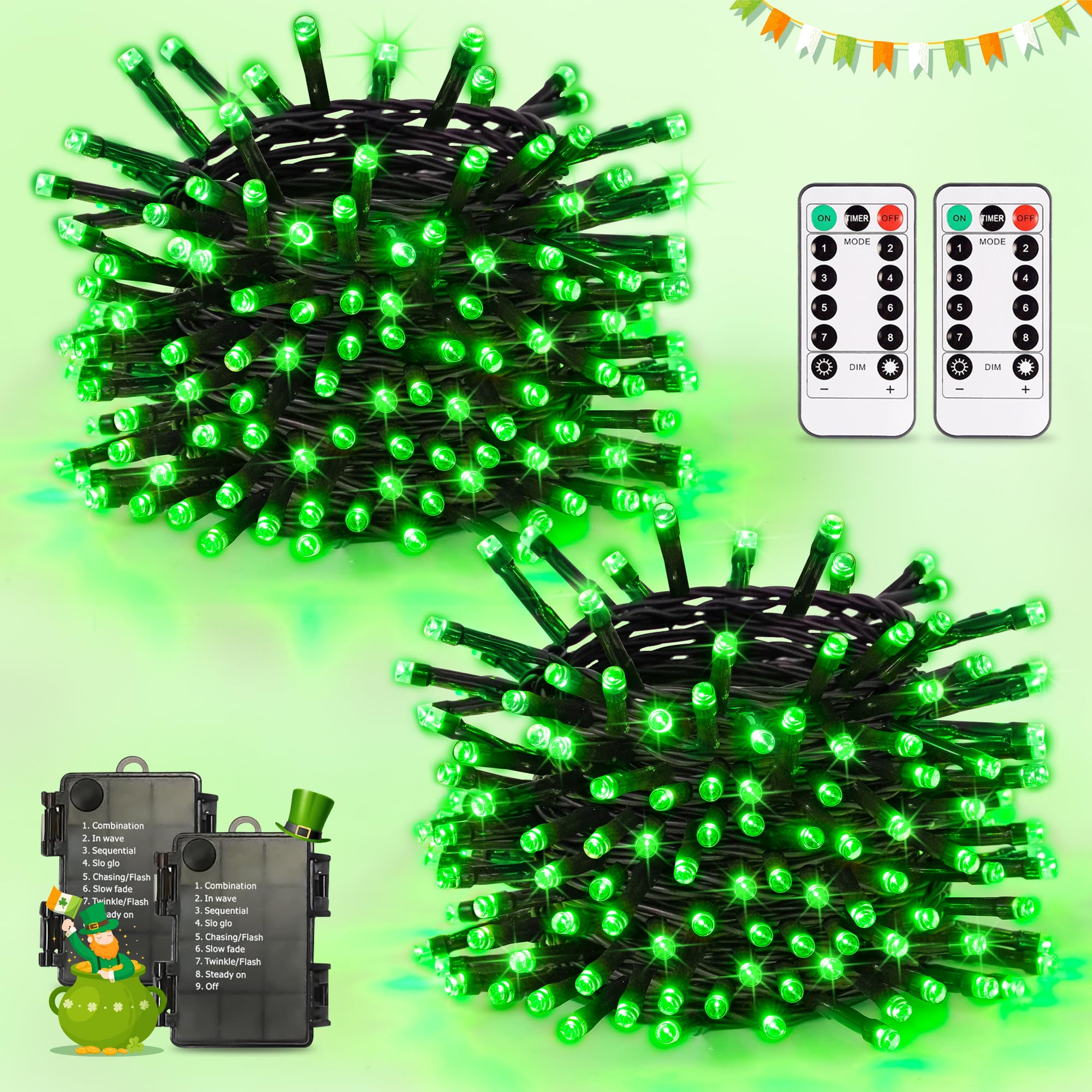 JMEXSUSS 2 Pack 100 LED Green Lights for St Patricks Day, Each 33 FT Green Battery Operated String Lights, Christmas Lights Indo