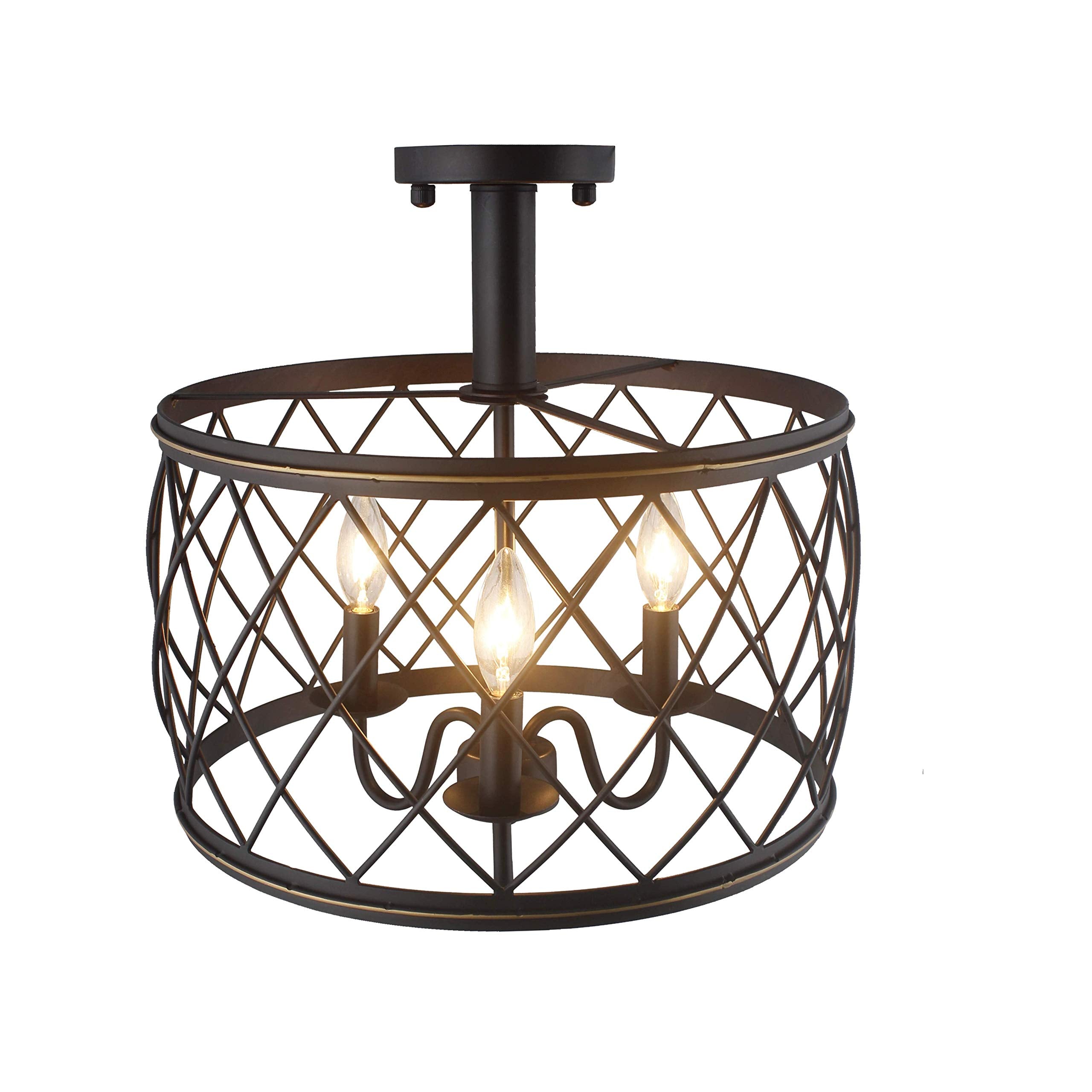 Deluxe Lamp Trellis Cage Semi Flush Mount Light - 3 Light Industrial Style, Metal, Aged Bronze, 15.57 Inch Diameter