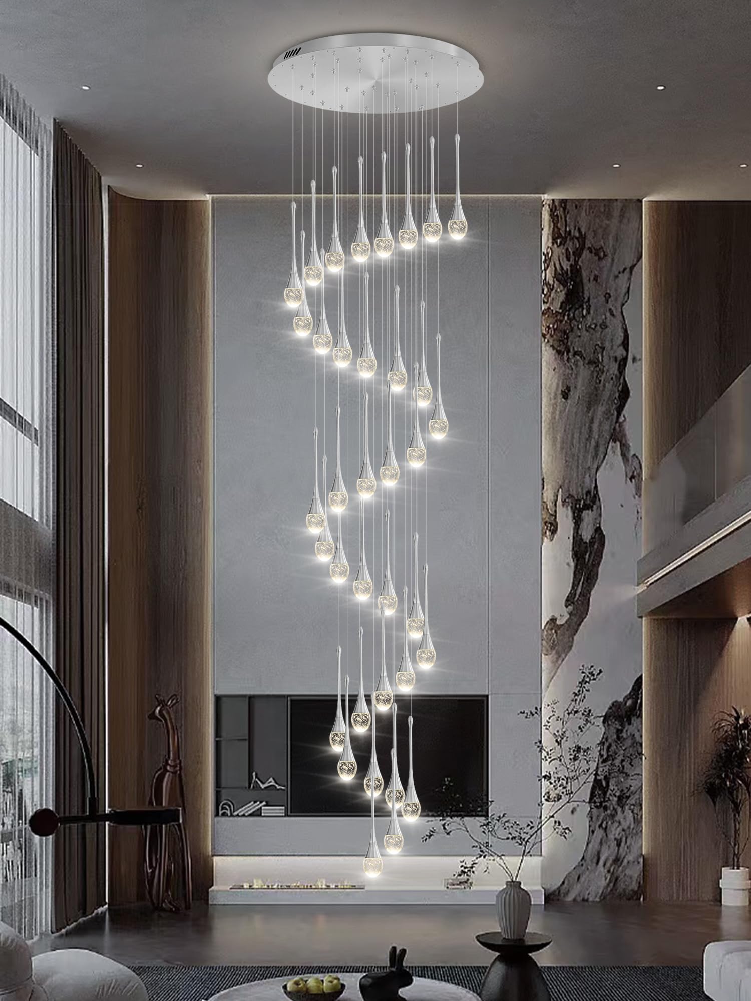 Ykolupty 150In High Ceiling Chandelier For Foyer Entrance 36-Light Crystal Silver Chandelier Light Fixture Large Ceiling Light For Living Room Staircase Hallway Dining Room