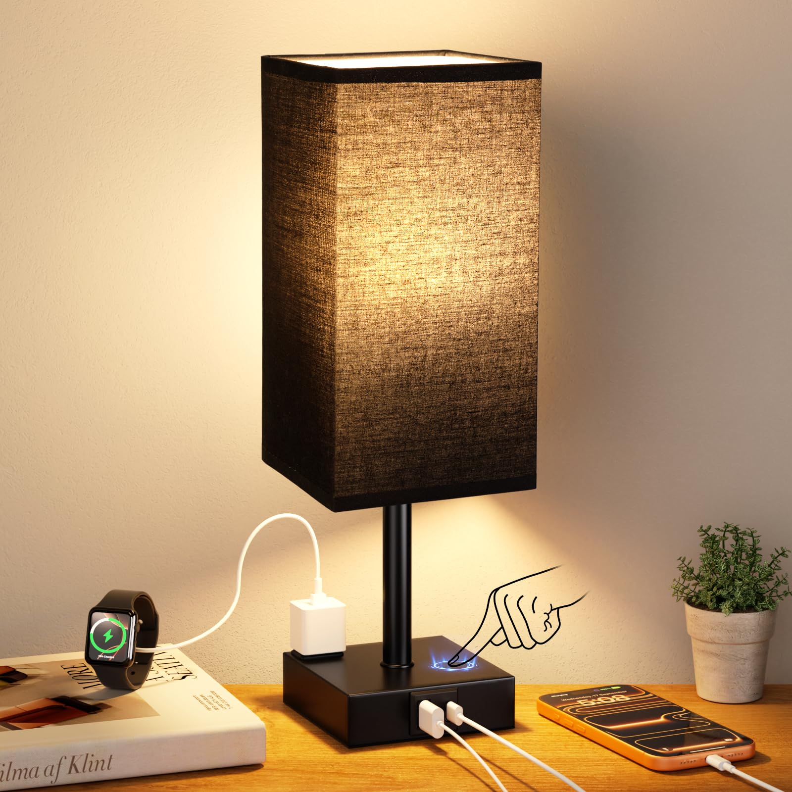 aooshine Black Bedside Lamp for Nightstand - Touch Table Lamp with Type C + A and AC Outlet  Square Charging Lamps for Bedroom Decor  Dorm Lamp for Men  E26 Bulb Included (3000K)