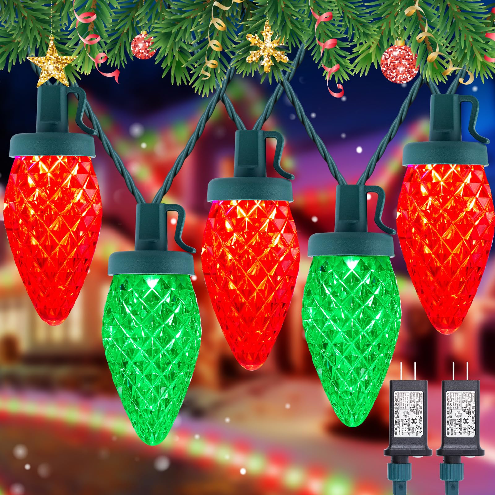 2 Pack C9 LED Christmas String Lights - Each 82ft 100 LED Outdoor String Lights with Timer and 8 Lighting Modes, Plug in Extenda
