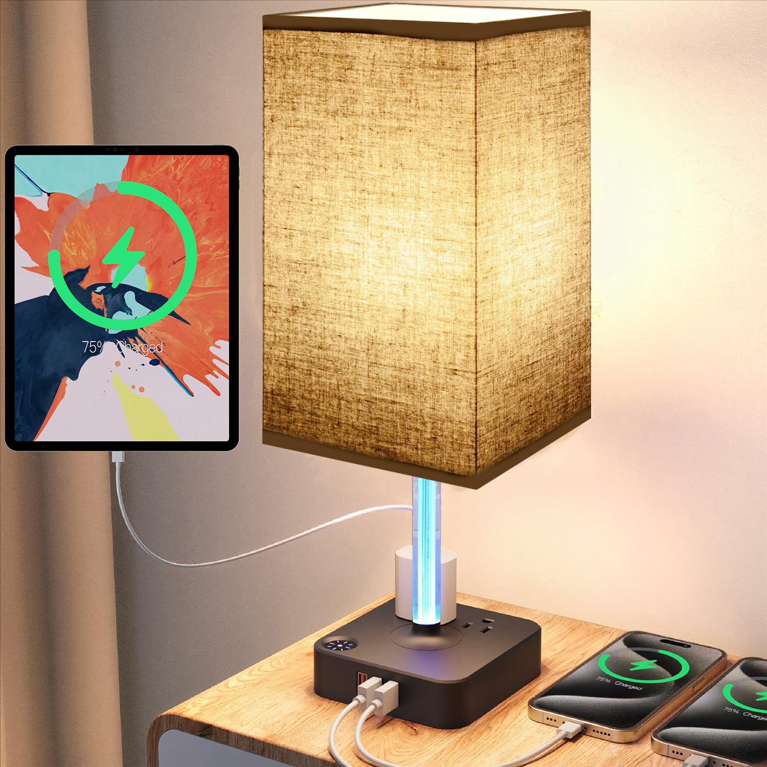 ALACOO Bedside Table Lamp - Touch 3 Way Dimmable Lamp with 3 USB Charging Ports & 2 AC Outlets  Square Base Rectangular Flaxen Shade  Bedroom  Office  Dorm  Decor  LED Bulb Included (Black-Brown)