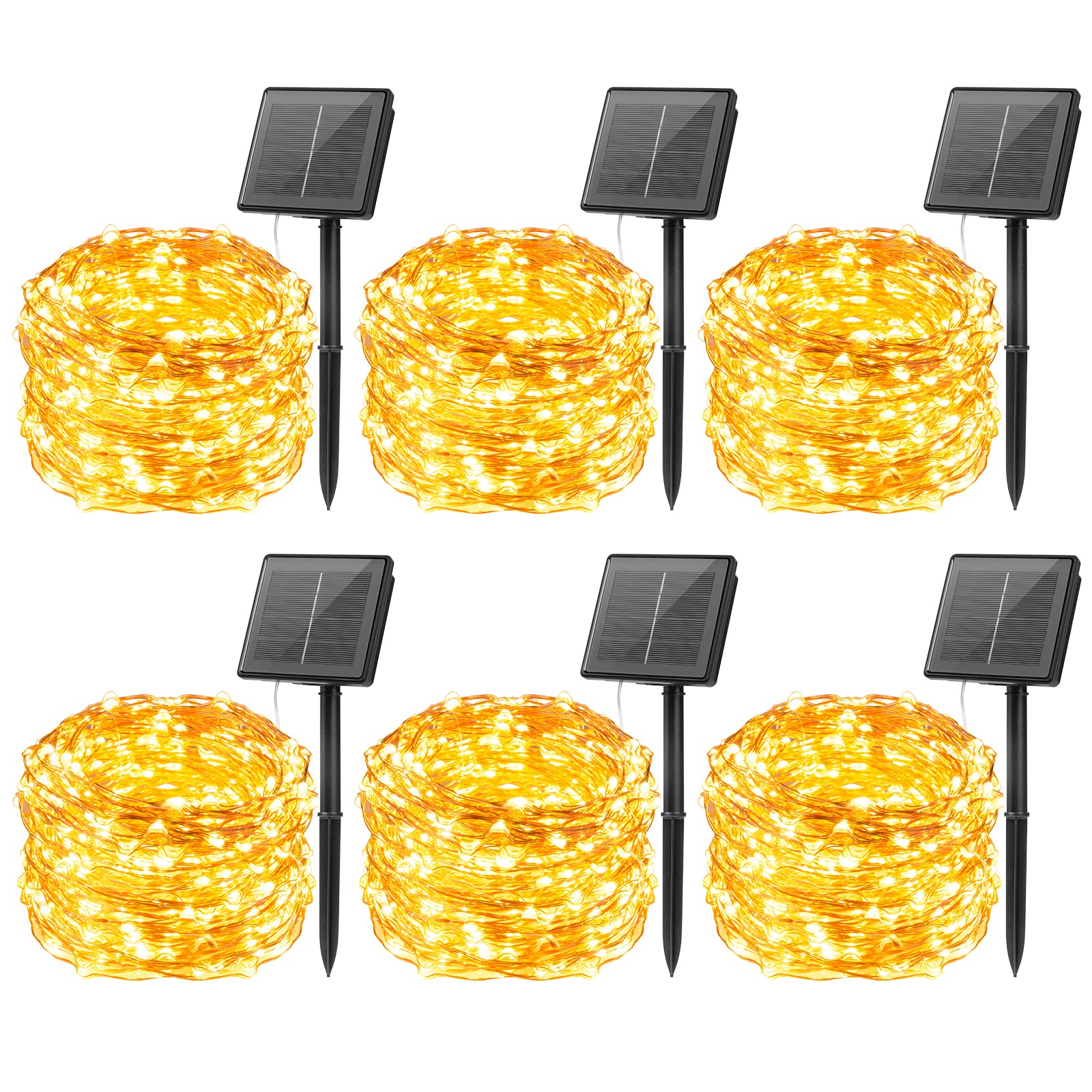 Brightown Outdoor Solar String Lights, 6 Pack 33Feet 100 Led Solar Powered Fairy Lights with 8 Modes Waterproof Decoration Coppe