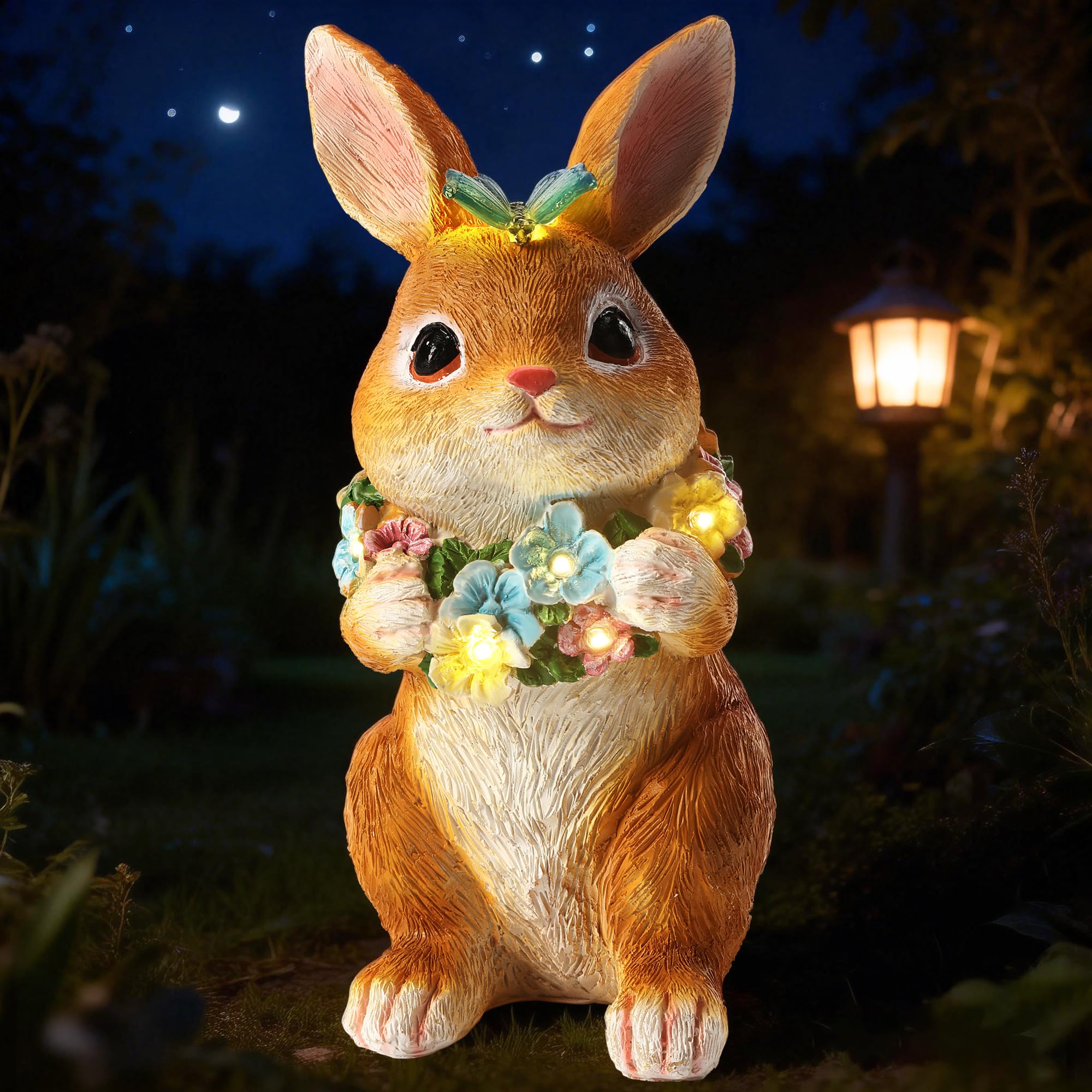 ZhiYo-GD Solar Garden Statues Outdoor Decor  Rabbit Statue with Butterfly & Flowers  Yard Decoration with 6 LED Lights for Patio  Balcony  Backyard  and Lawn  Unique Gift for Mom  Grandma Christmas