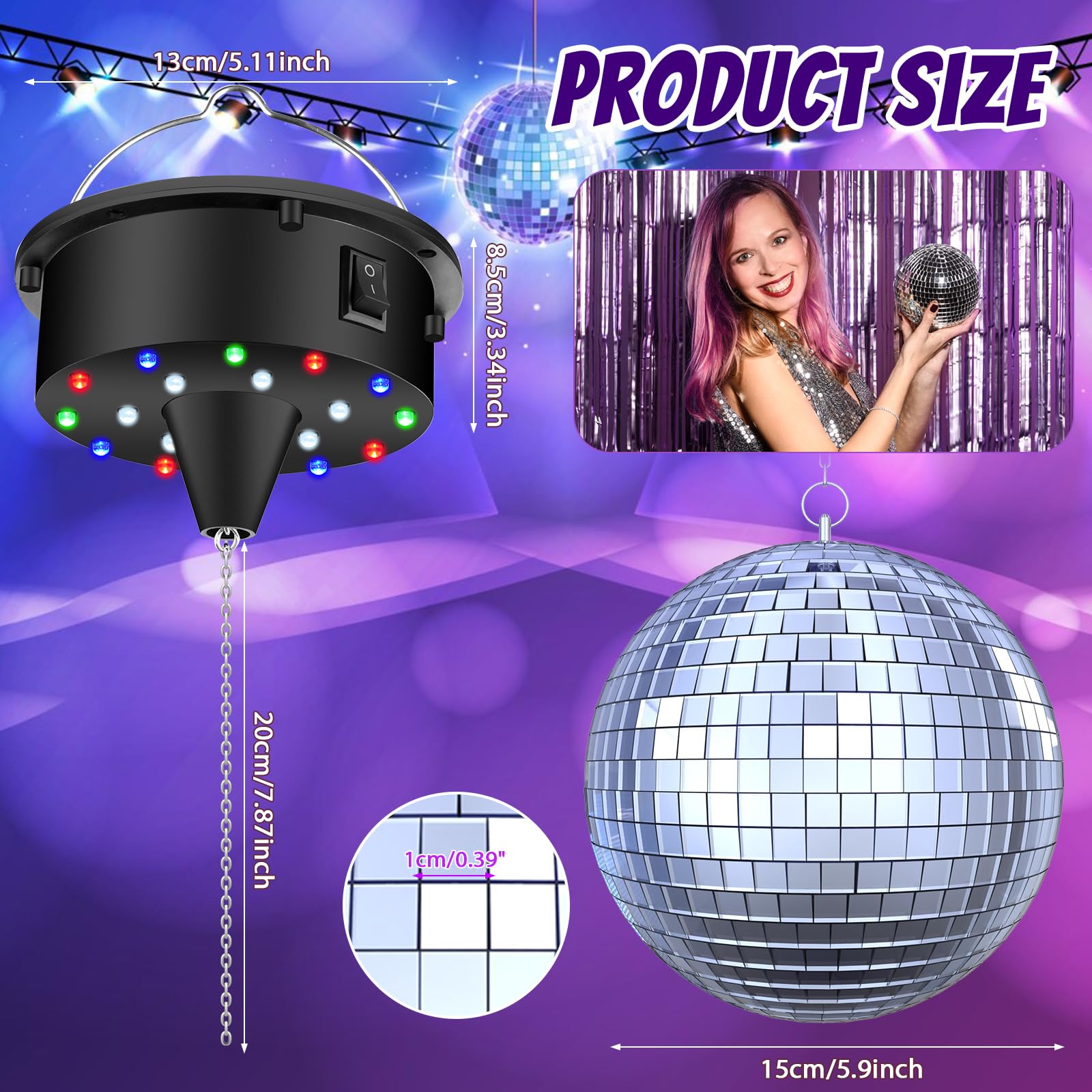 10Rpm Disco Ball With Motor And 6Inch Mirror Ball - Plug/Battery Operated Disco Motor With 18 Led Beads 4 Color Lights And Remot