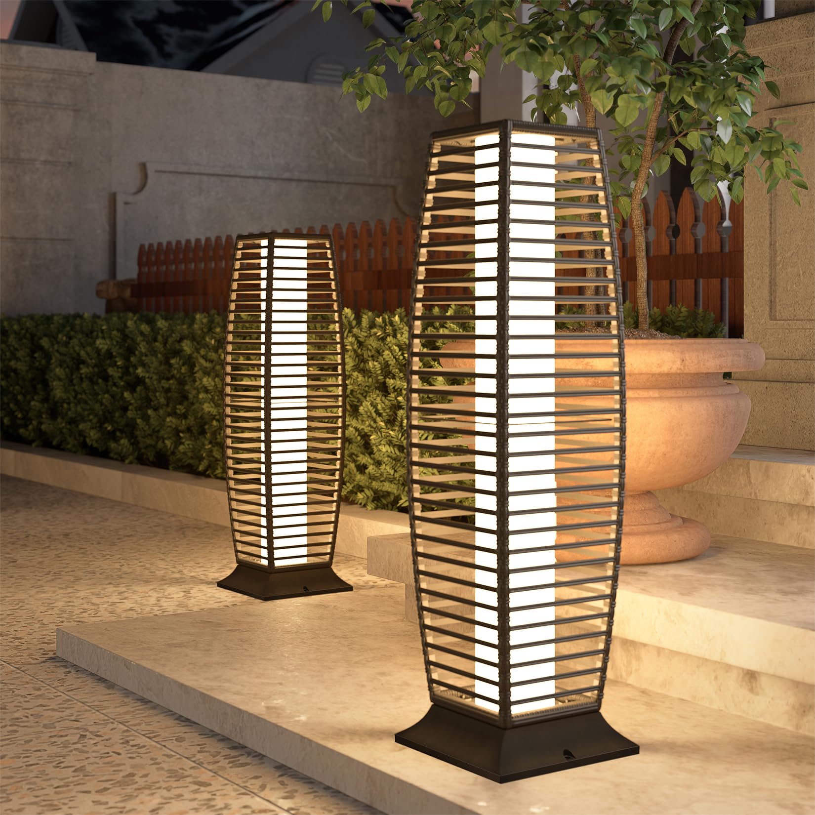 Grand Patio 2-Piece Outdoor Floor Lamp Solar Powered Lantern Waterproof Wicker Boho Deck Lights For Garden Porch Decor, Large Cr