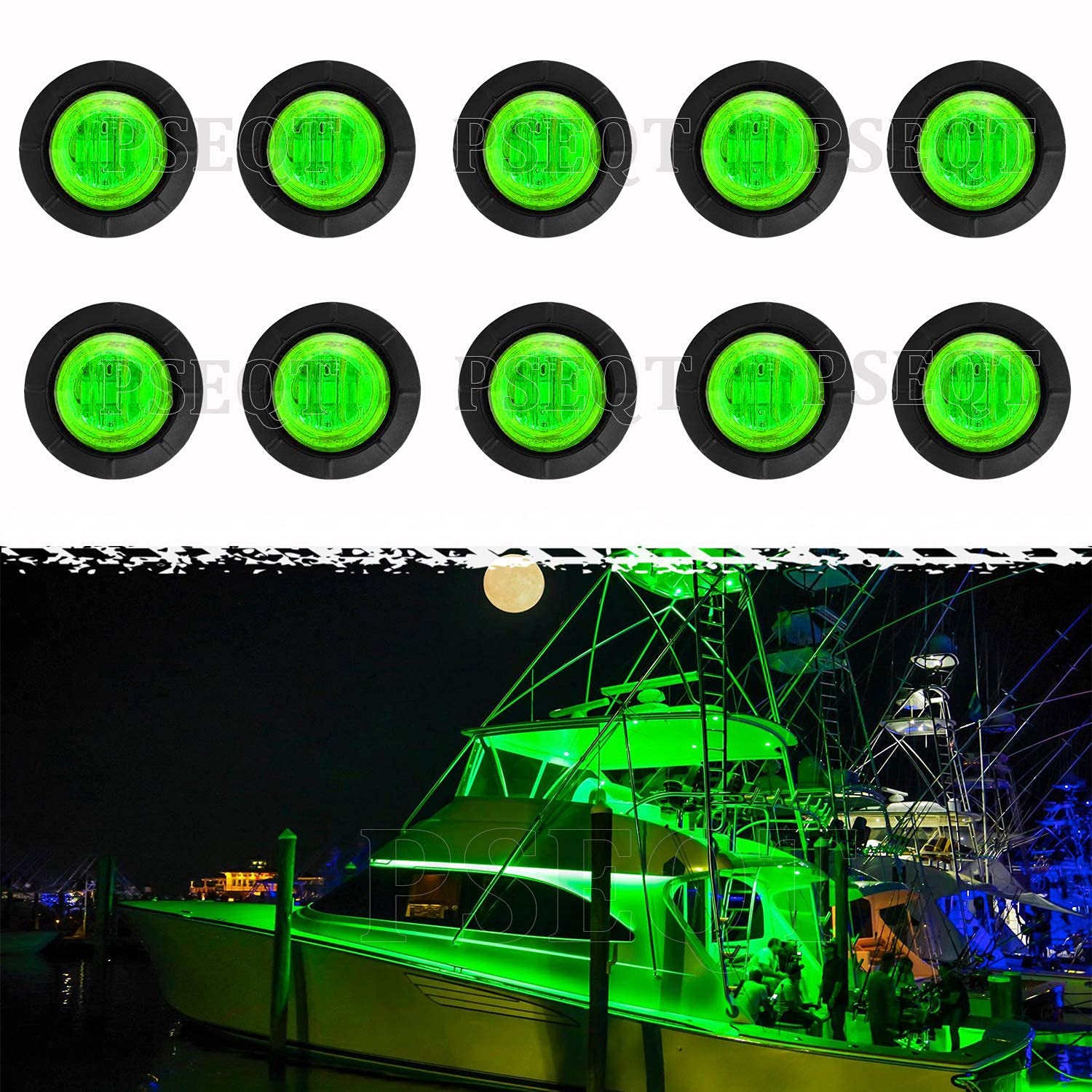 PSEQT LED Round Boat Interior Deck Light, Waterproof, 1in  x 1in  x 0.83in , Green, Model PSEQTXA005G, 10 Pcs