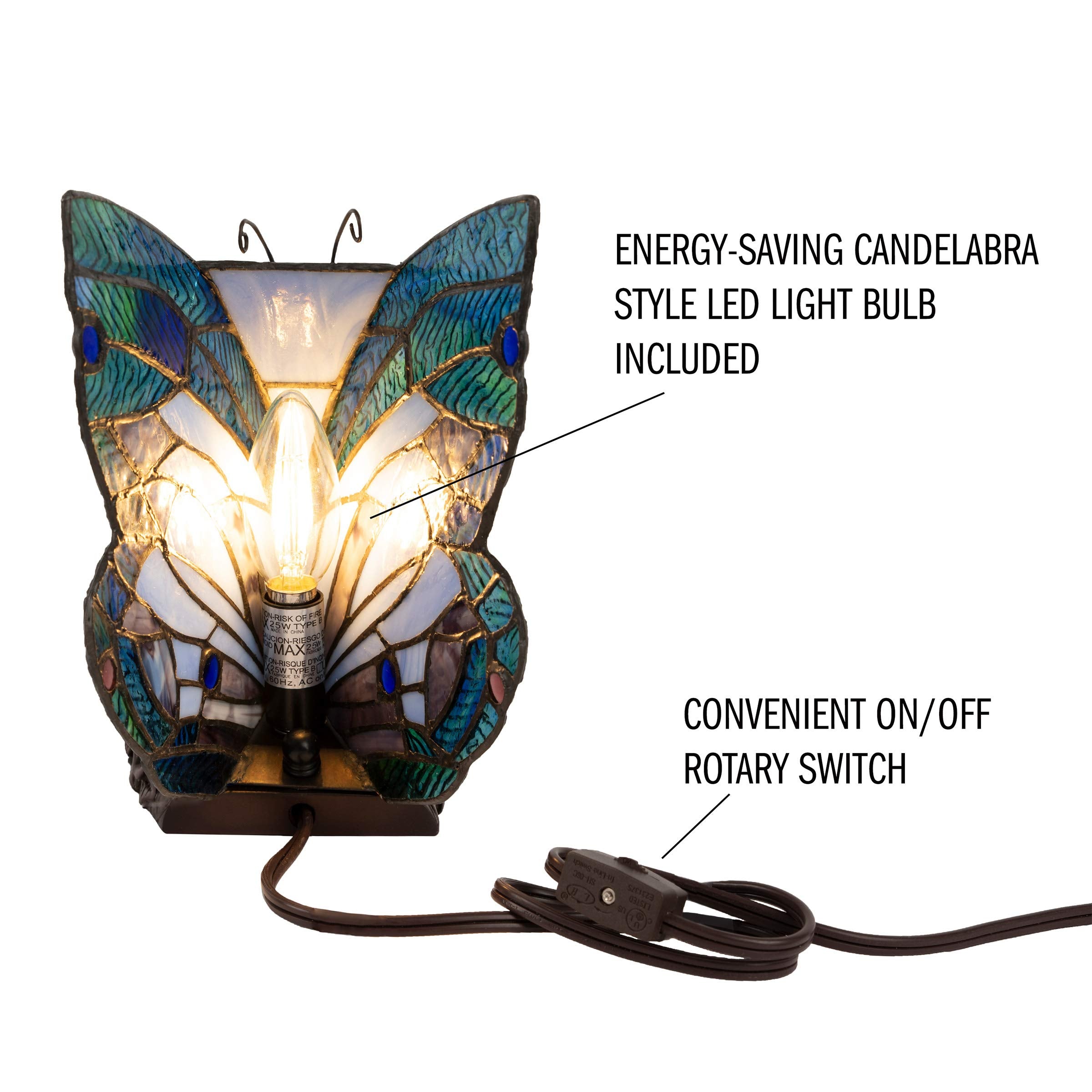 Lavish Home Tiffany Style Butterfly Lamp - Stained Glass, 8"x6"x9", Multicolor, Model 72-TIFF-2, LED Bulb Included, Vintage Decor