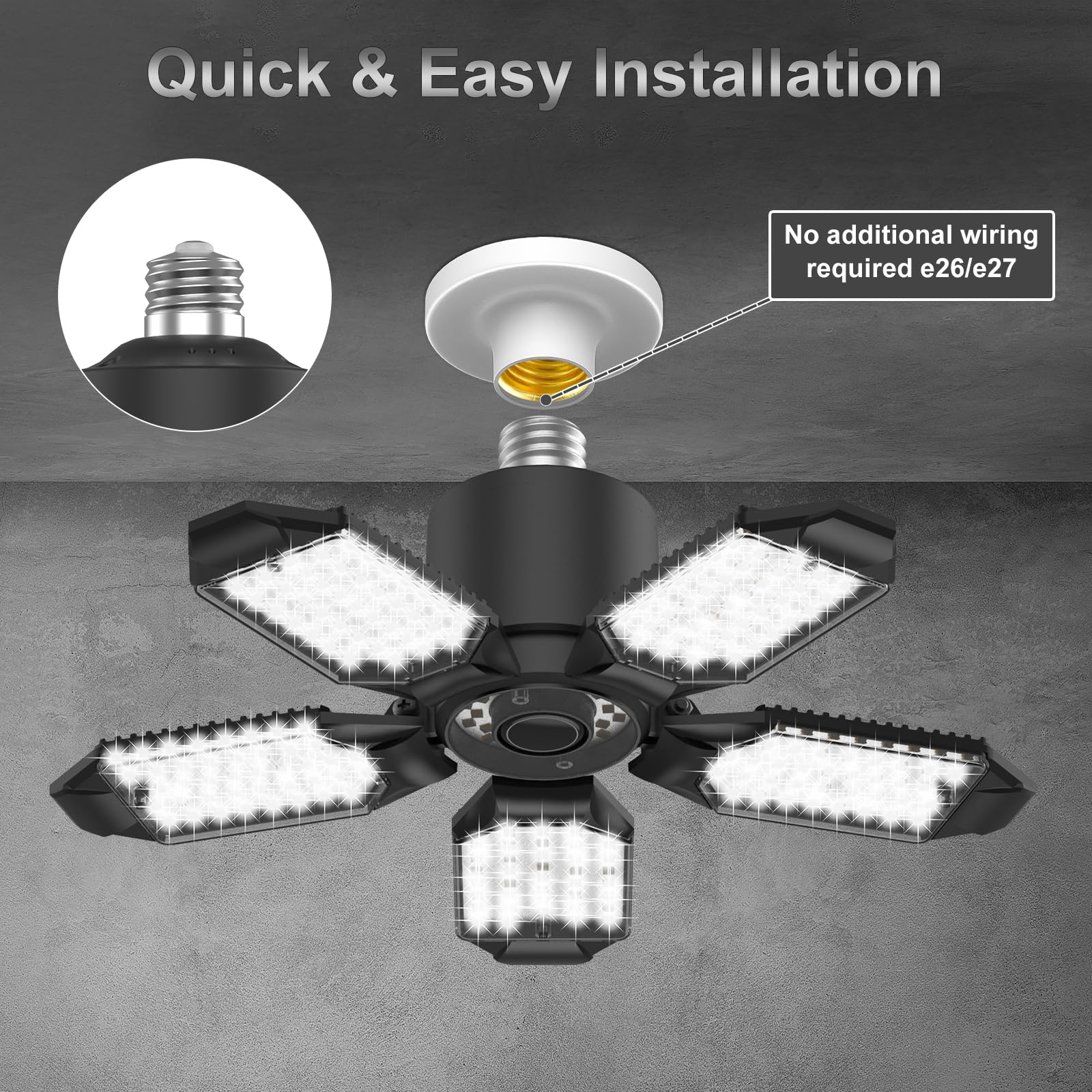 Onffo Led Garage Lights, 2 Pack 150W Super Bright 15000Lm Garage Lights Ceiling Led With 5+1 Adjustable Panels, 6500K Daylight Screw In E26/E27 Bulb Socket Led Shop Lights For Garage, Basement, Barn