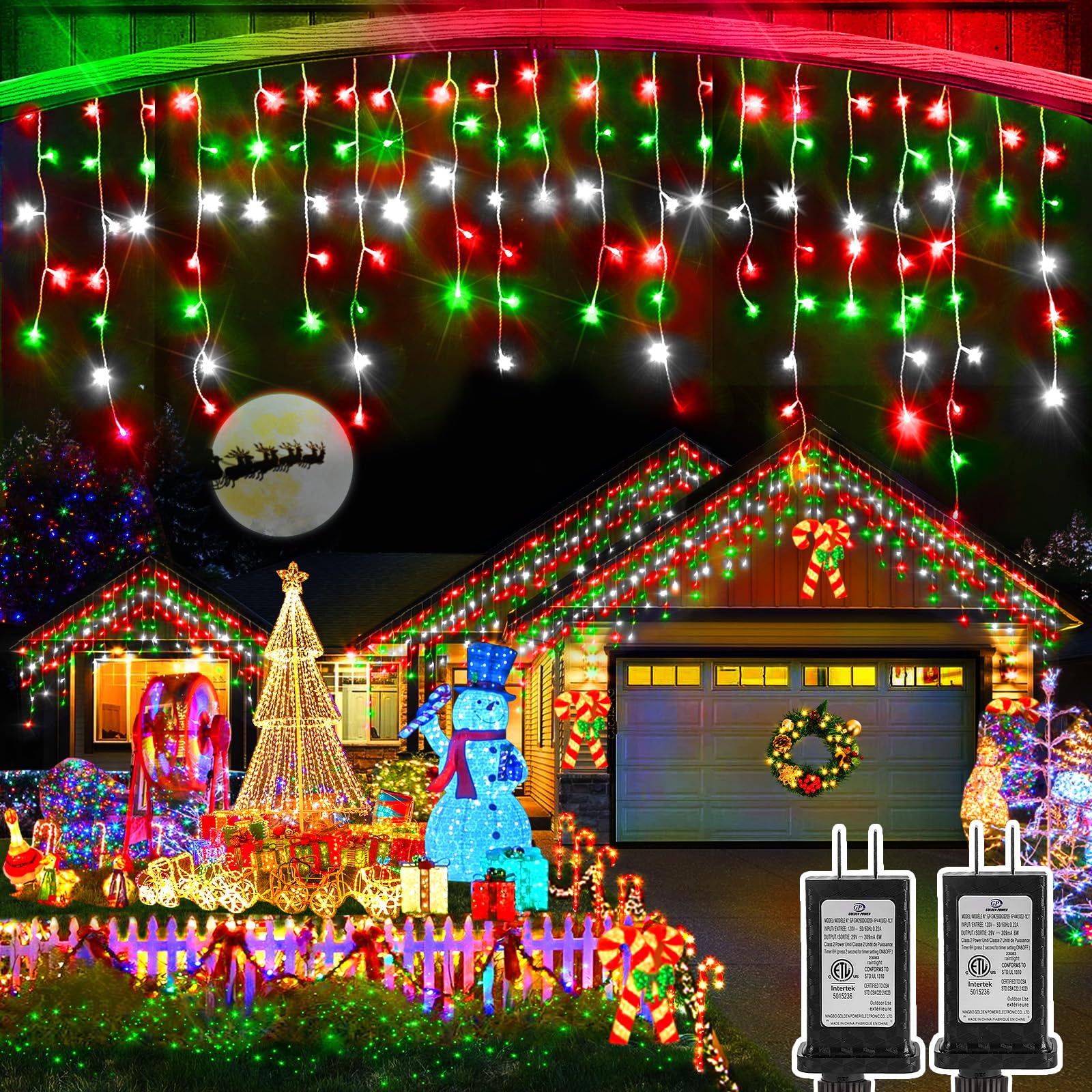 Christmas Lights Outdoor  2 Pack Total 98Ft 960 Led Ice Lights For Outside With 180 Drops 8 Modes Timer Memory  Plug In Waterproof For Holiday Eaves Yard Roof Party Decor (Red Green And Cool White)