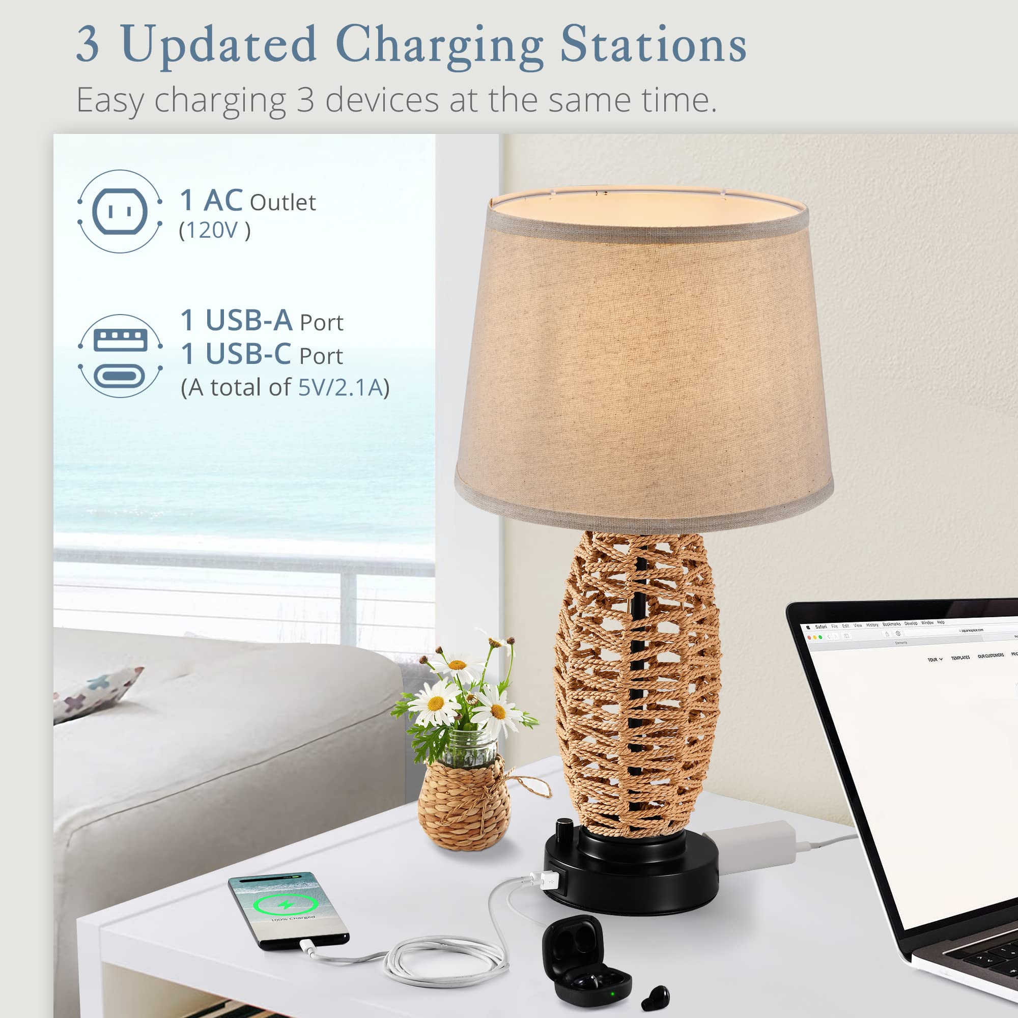 LEDIARY Coastal Rattan Table Lamp with AC Outlet and 2 USB Ports, 0-100% Dimmable Wicker Lamps for Bedrooms Set of 2, Farmhouse